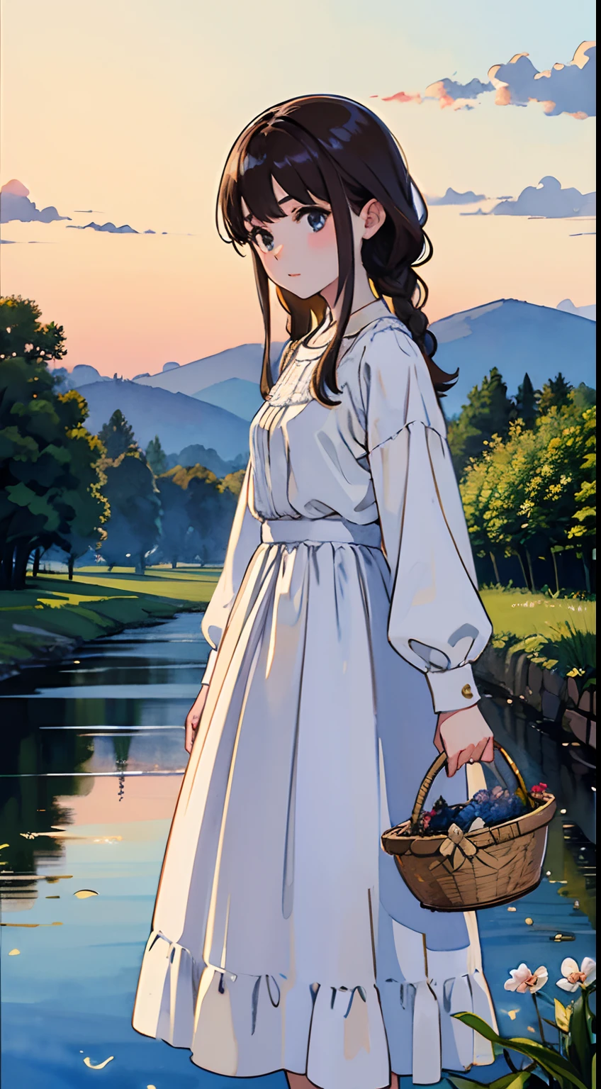 (Watercolor in Sargent style)、(top-quality、masterpiece)、Soft light、View of the Cotswolds,Old farmhouse、rivulets、flower bloom、One lady、dark brown hair、Braided hair、White blouse and long skirt、picnic、Preparing to return home、Hold the basket with both hands、On the banks of a small stream、Fireflies fly、evening、Twilight、The dim、