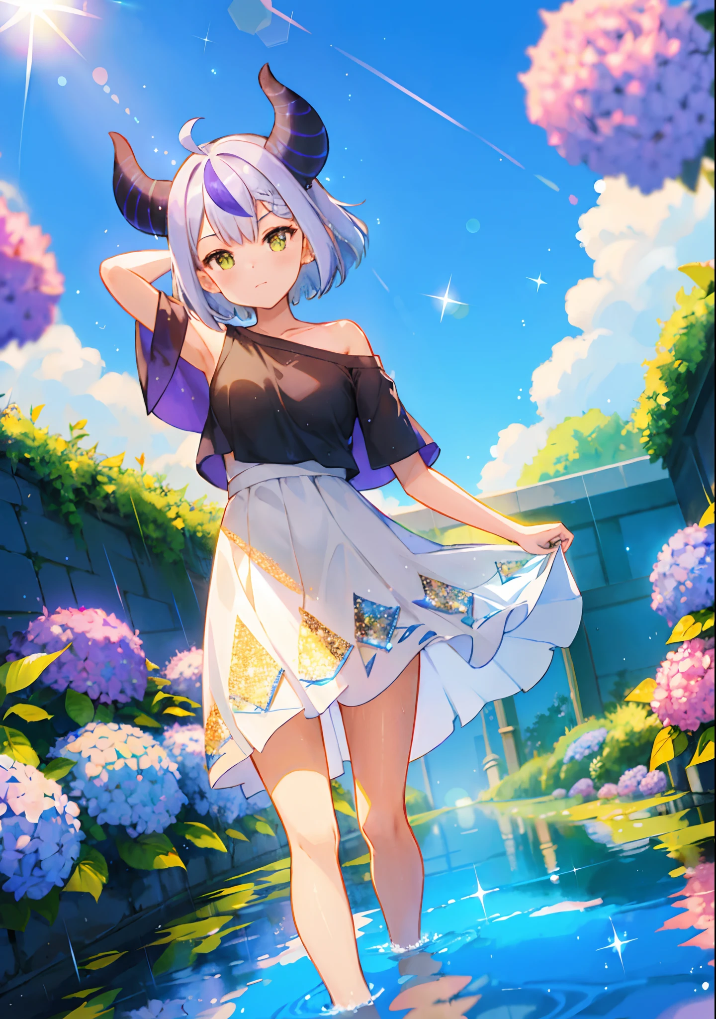 (solo), cute (1girl) walking,path,[from below:1.2],sine short hair, puddle,Water Reflection,rain,floating water drop,hydrangea,(blurry foreground),dynamic angle,asphalt,(blue sky),lens flare,, off-shoulder oversized shirt,(glitter:1.2) presenting armpit