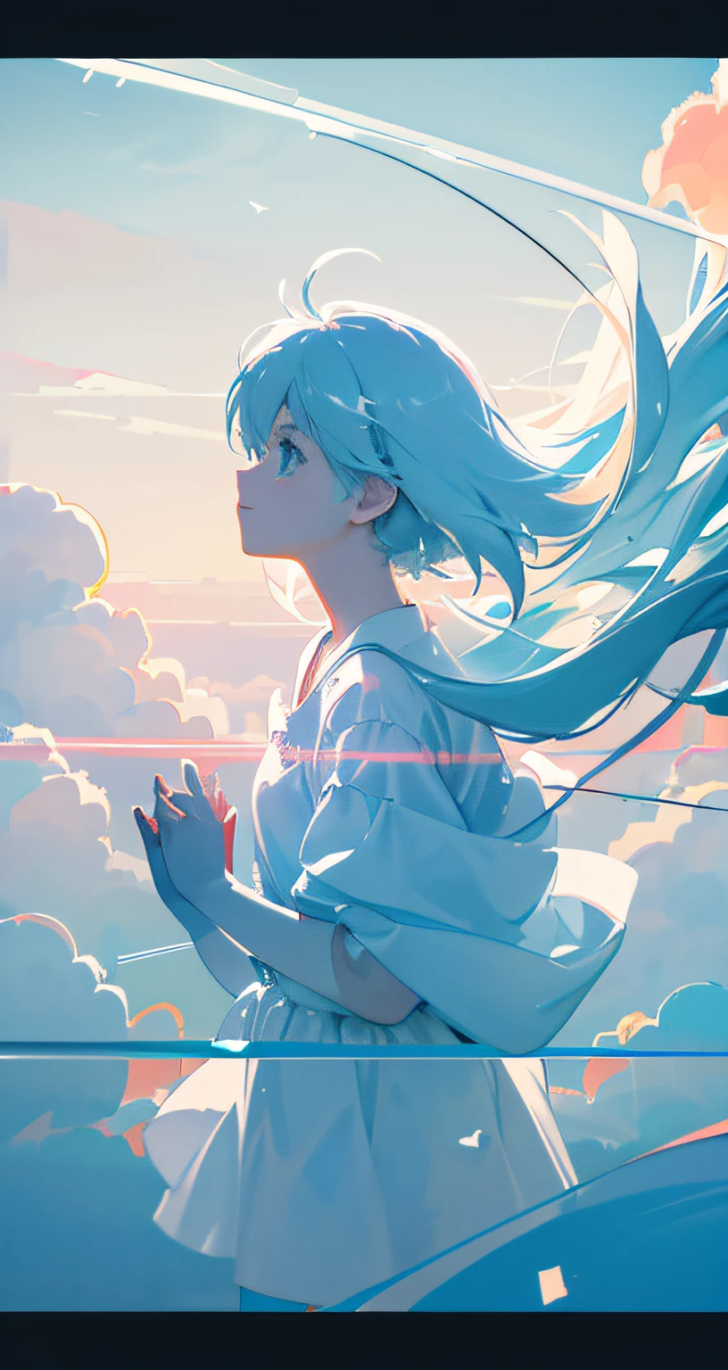 masterpiece, best quality, movie still, 1girl, floating in the sky, cloud girl, cloud, (close-up:1.1), bright, happy, fun, soft lighting, (Bauhaus, shapes, lines, abstract:1.1)
