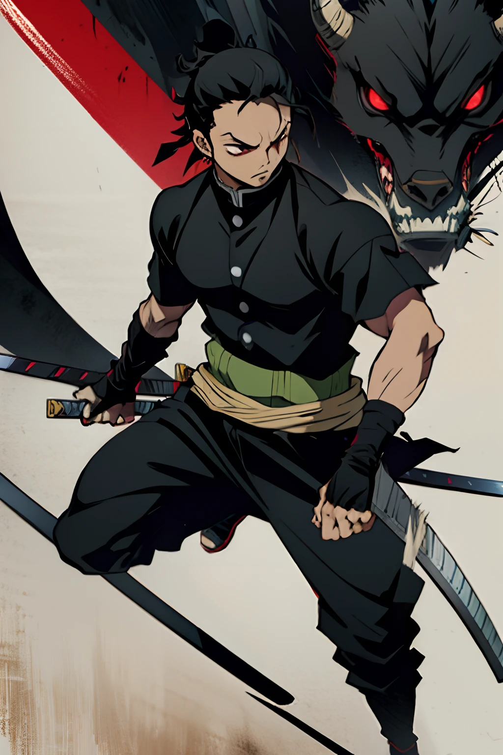 black young guy, zoro hairstyle, black hair, negro, red sword, uniforme demon slayer