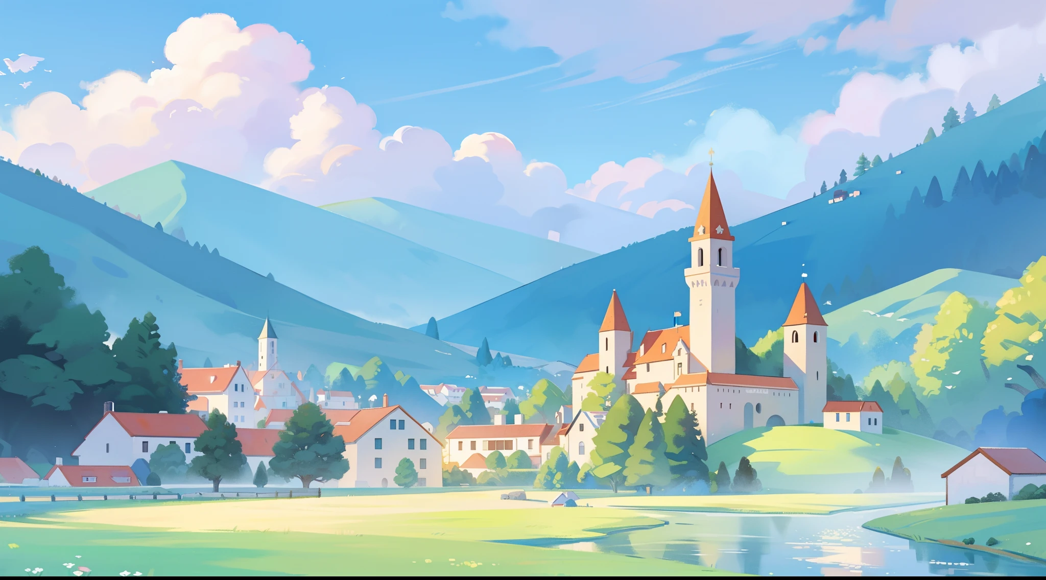 watercolor, children's storybook illustration, a castle surrounded by a village, houses, cottages, buildings, towers, clouds, colorful, vibrant warm colors, bright, ((masterpiece)), ((best quality)), 8k, intricate detail, high resolution, highly detailed environment, perfect architecture