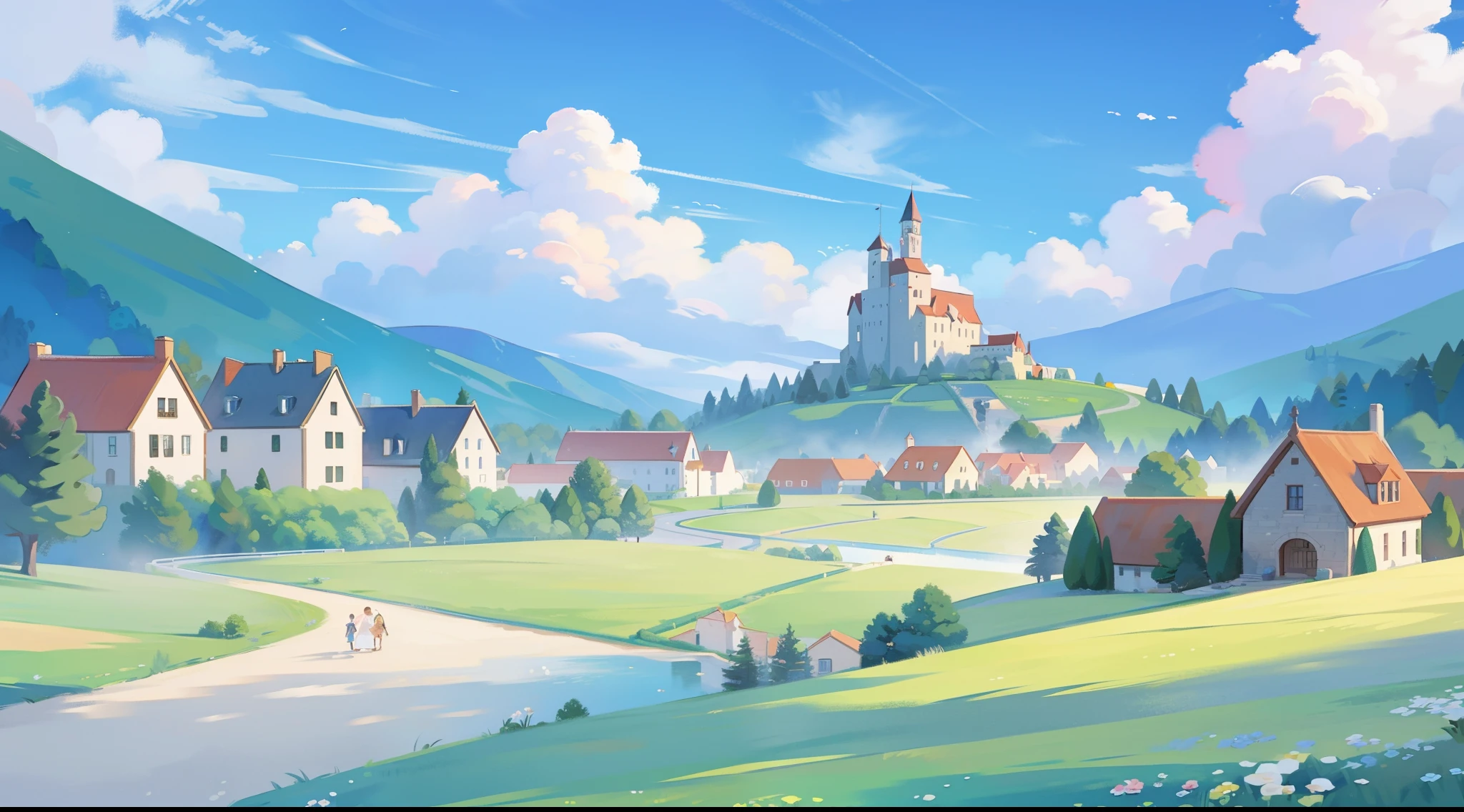 watercolor, children's storybook illustration, a castle surrounded by a village, houses, cottages, buildings, towers, clouds, colorful, vibrant warm colors, bright, ((masterpiece)), ((best quality)), 8k, intricate detail, high resolution, highly detailed environment, perfect architecture
