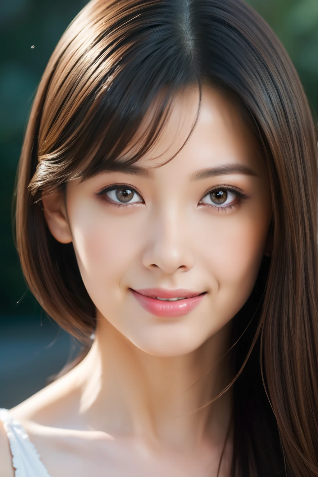 (masterpiece), (best quality), 8k resolution, 1girl, stunning beauty, perfect face, smile, mature female, 30yo, sexy, portrait, close-up shot, eyes focus, bare shoulder