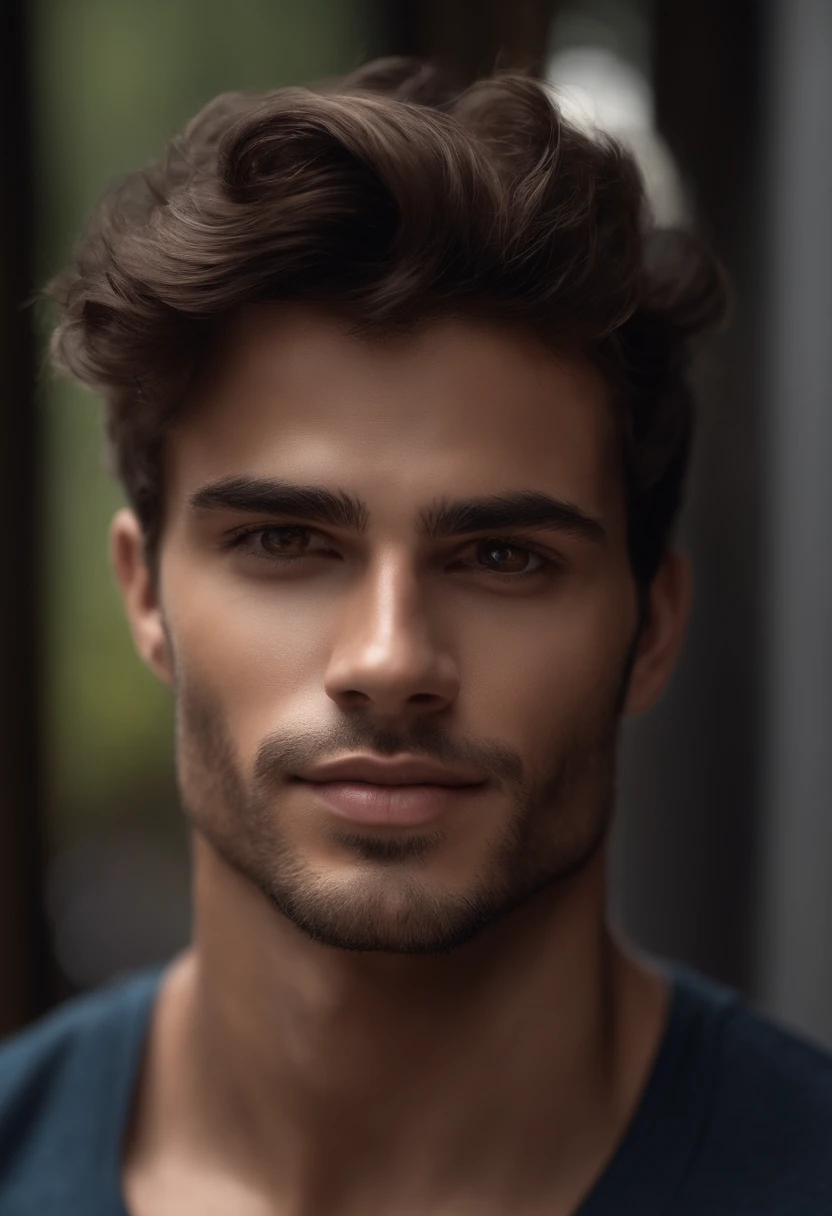 Cinematic soft lighting illuminates a beautiful Brazilian male model with stunning and ultra-realistic details，Foto de corpo inteiro da frente，olhar bonito，messy short brown hair，olhos claros de mel，Sorriso encantador perfeito，Criado sexy，Homem quente，insanamente bonita，That's the trend of ArtStation。Octane is the perfect tool to capture the softest details of this 16k photographic masterpiece。