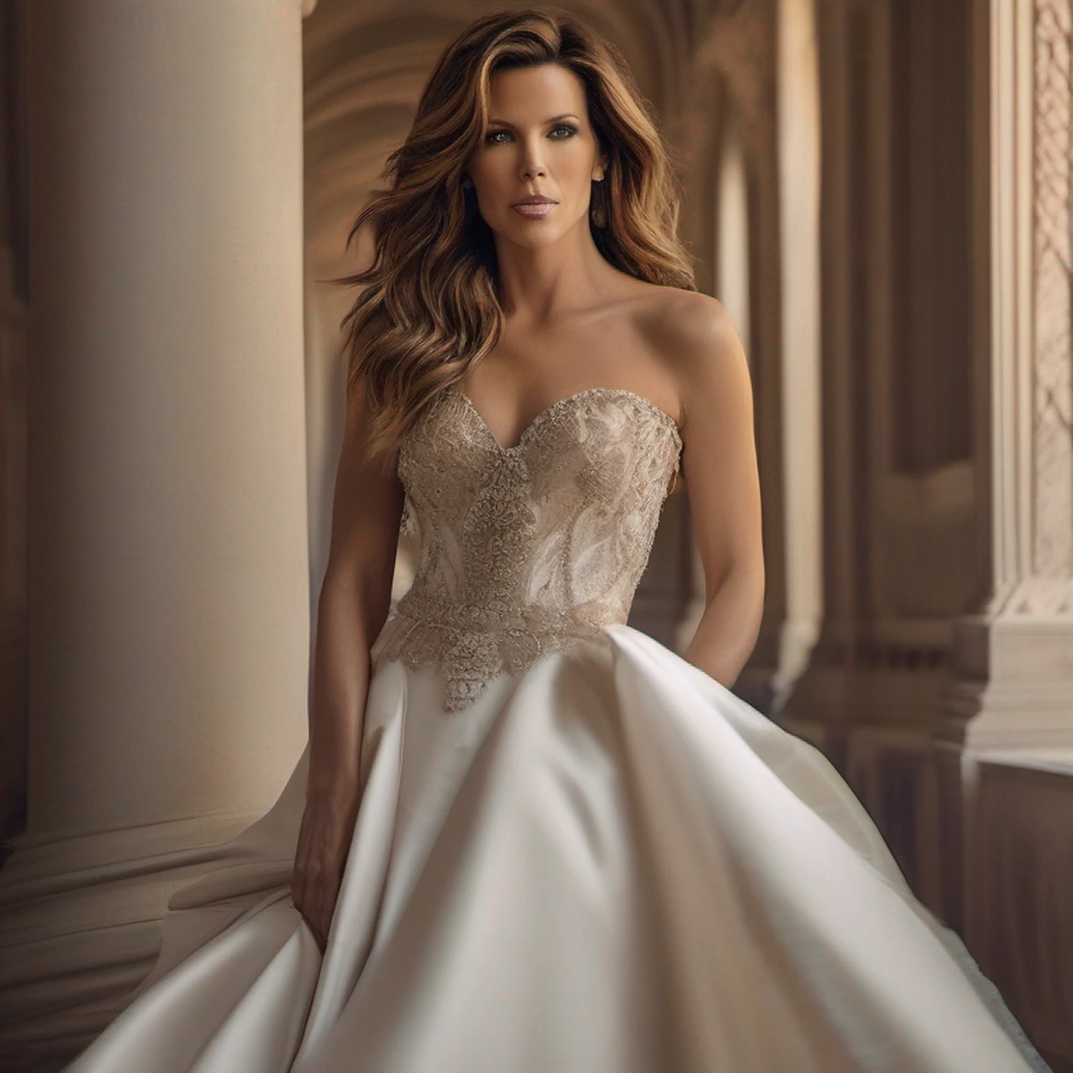 (Fujifilm XT3 35 millimeters), Foto de retrato de kate beckinsale, bonita com cabelo auburn e seios grandes usando um vestido de cabresto intrincado, usando joias, circunstanciado, 8k UHD, DSLR, alta qualidade, filmic grain, (foco nítido:1.1)