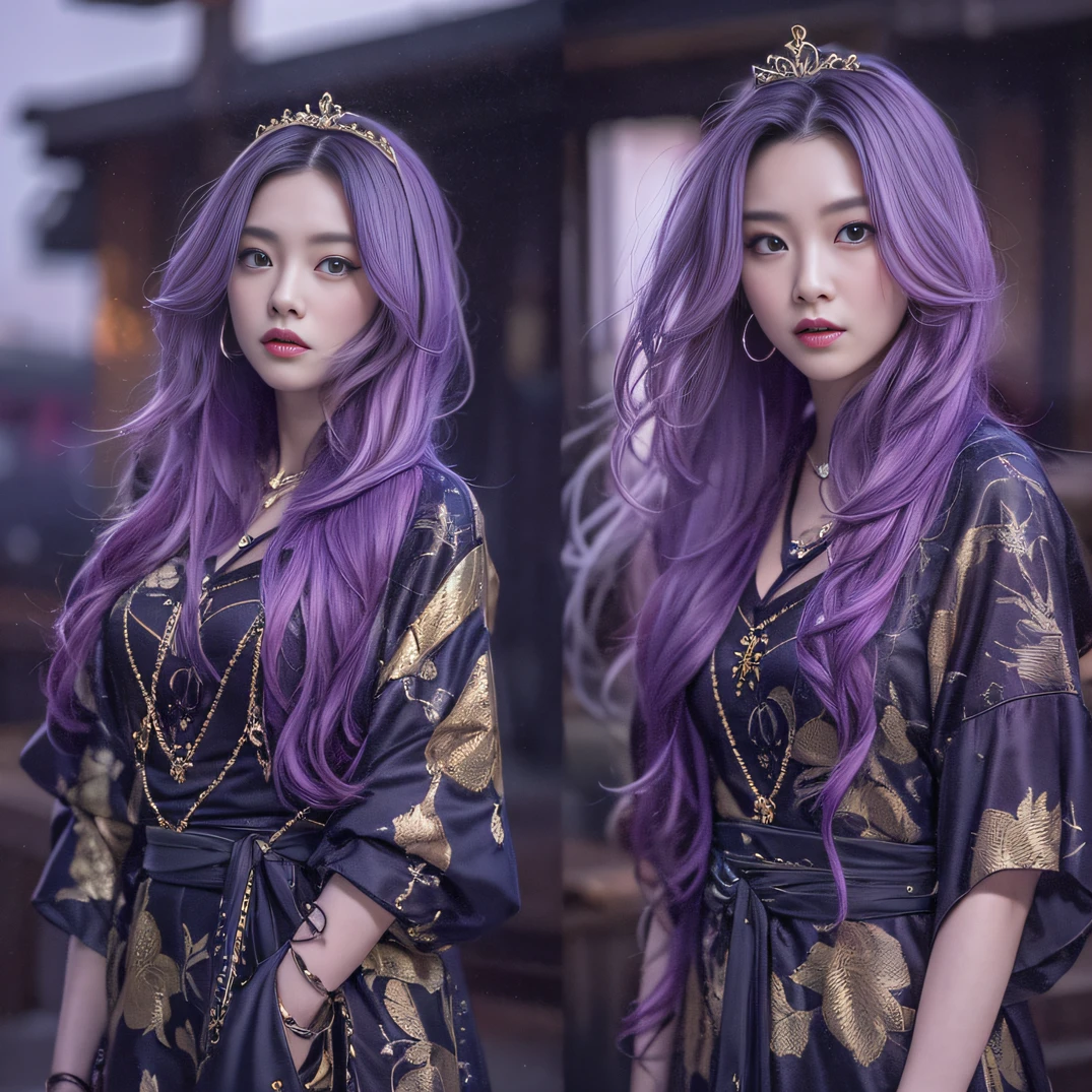 Genki Girl 32K（tmasterpiece，k hd，hyper HD，32K）Long flowing bright purple hair，Autumn Pond，zydink， a color， Asian people （Genki girl）， （Silk scarf）， Combat posture， looking at the ground， long whitr hair， Floating bright purple， Fire cloud pattern gold tiara， Chinese long-sleeved gold silk garment， （Abstract metaverse splash：1.2）， white backgrounid，Lotus vitality protector（realisticlying：1.4），Bright purple hair，Smoke on the road，The background is pure， A high resolution， the detail， RAW photogr， Sharp Re， Nikon D850 Film Stock Photo by Jefferies Lee 4 Kodak Portra 400 Camera F1.6 shots, Rich colors, ultra-realistic vivid textures, Dramatic lighting, Unreal Engine Art Station Trend, cinestir 800，A girl with long flowing bright purple hair