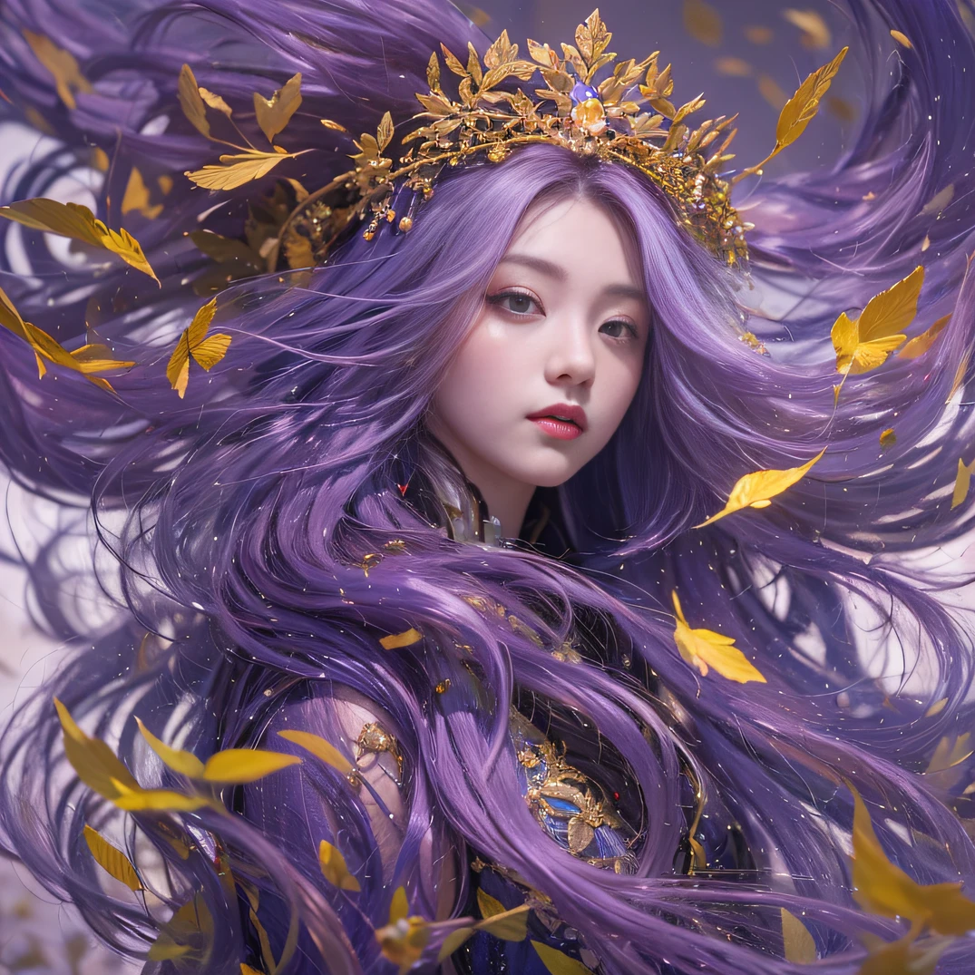 Genki Girl 32K(tmasterpiece,k hd,hyper HD,32K)Long flowing bright purple hair,Autumn Pond,zydink, a color, Asian people (Genki girl), (Silk scarf), Combat posture, looking at the ground, long whitr hair, Floating bright purple, Fire cloud pattern gold tiara, Chinese long-sleeved gold silk garment, (Abstract metaverse splash:1.2), white backgrounid,Lotus vitality protector(realisticlying:1.4),Bright purple hair,Smoke on the road,The background is pure, A high resolution, the detail, RAW photogr, Sharp Re, Nikon D850 Film Stock Photo by Jefferies Lee 4 Kodak Portra 400 Camera F1.6 shots, Rich colors, ultra-realistic vivid textures, Dramatic lighting, Unreal Engine Art Station Trend, cinestir 800,A girl with long flowing bright purple hair