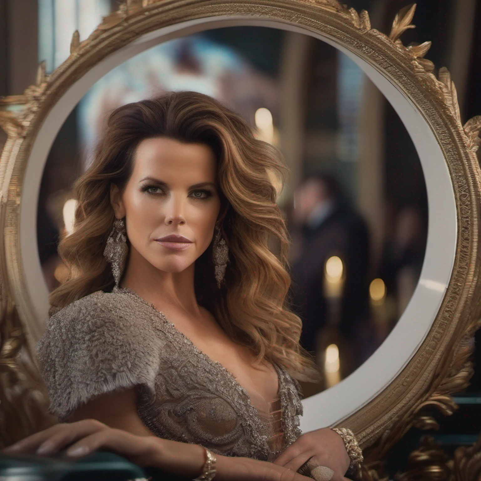 (Fujifilm XT3 35 millimeters), Foto de retrato de kate beckinsale, bonita com cabelo auburn e seios grandes usando um vestido de cabresto intrincado, usando joias, circunstanciado, 8k UHD, DSLR, alta qualidade, filmic grain, (foco nítido:1.1)