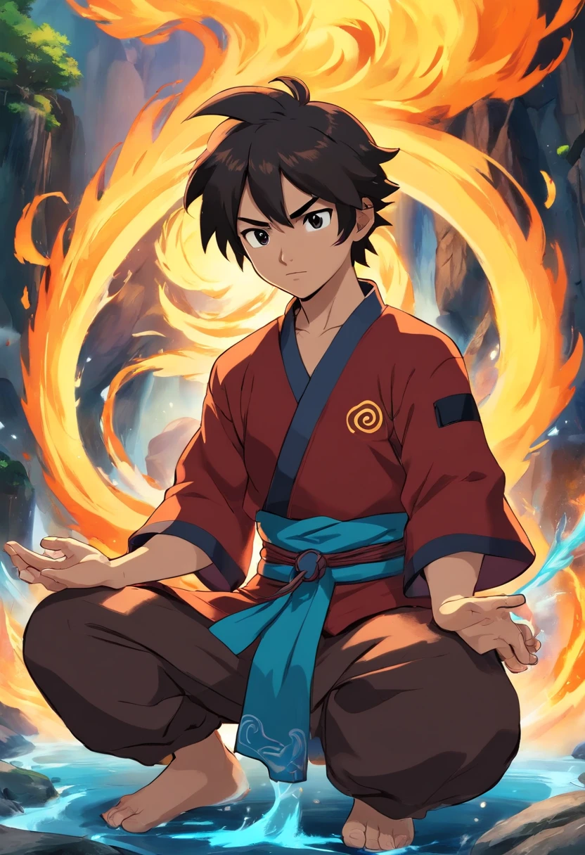 anime do studio ghibli, melhor qualidade, anime, 1boy, ryu, Fire Nation Clothing, Ryu (breath of fire), masculino, universo (avatar the last airbender), solo, cabelos pretos, fire, blue flames, chamas pelo corpo, Escuro, cabelo samurai, olhos fechados, Meditando, sentado, Avatar Meditation, Training meditation, , fundo cachoeira, Ryu breath of fire, dominador de fogo, Avatar Universe Or Last Airbender, mestre do fogo, roupa preta, blusa preto, luvas pretas, gola alta, Baggy Puffy Pants, camisa preta de manga comprida.