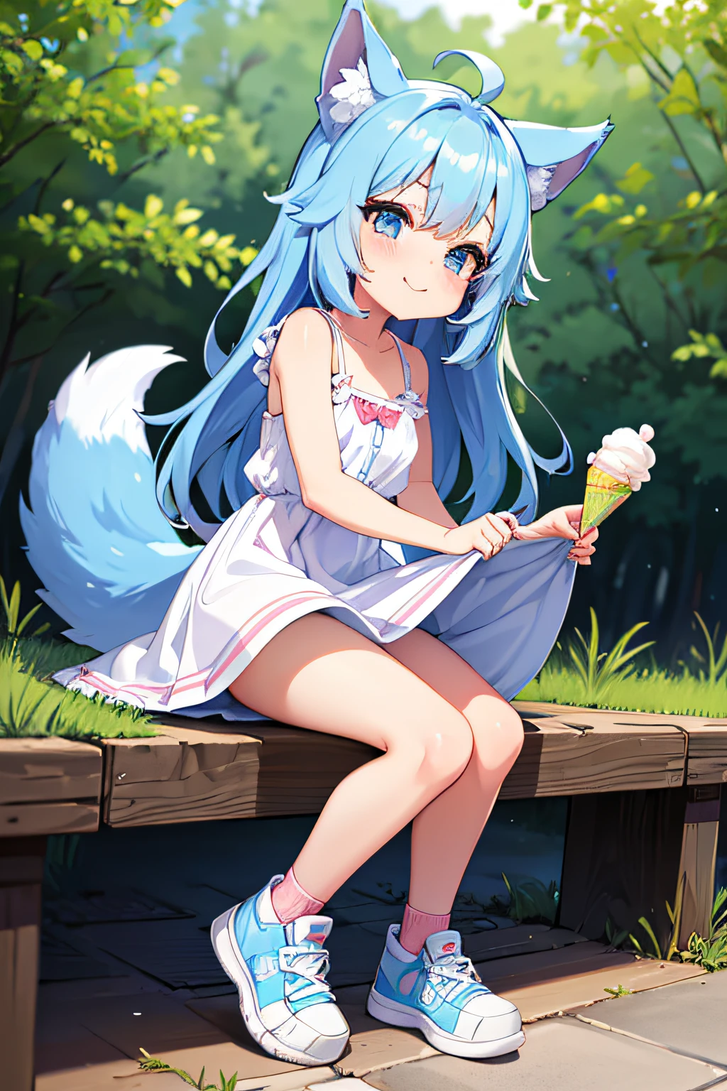 Super ultra happy cute little girl, with wolf ears and blue hair, holding her cheeks, wolf tail, wearing a white summer dress, looking at veiwer, full body, upskirt, striped pink and white panties, sneakers, out in nature, holding an ice cream