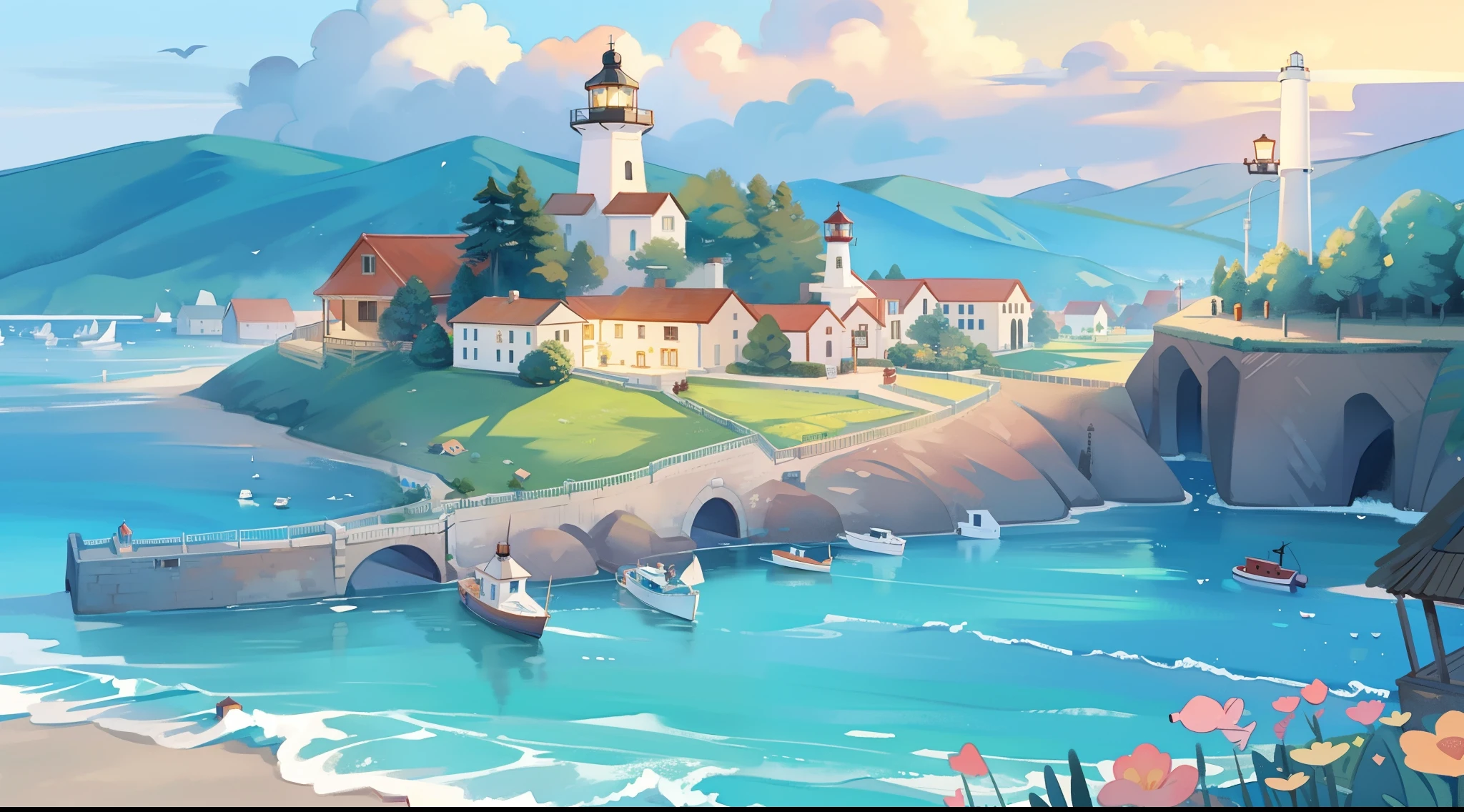 ocean fantasy, watercolor illustration, whimsical, warm colors, village, houses, huge lighthouse, ((masterpiece)), highly detailed environment