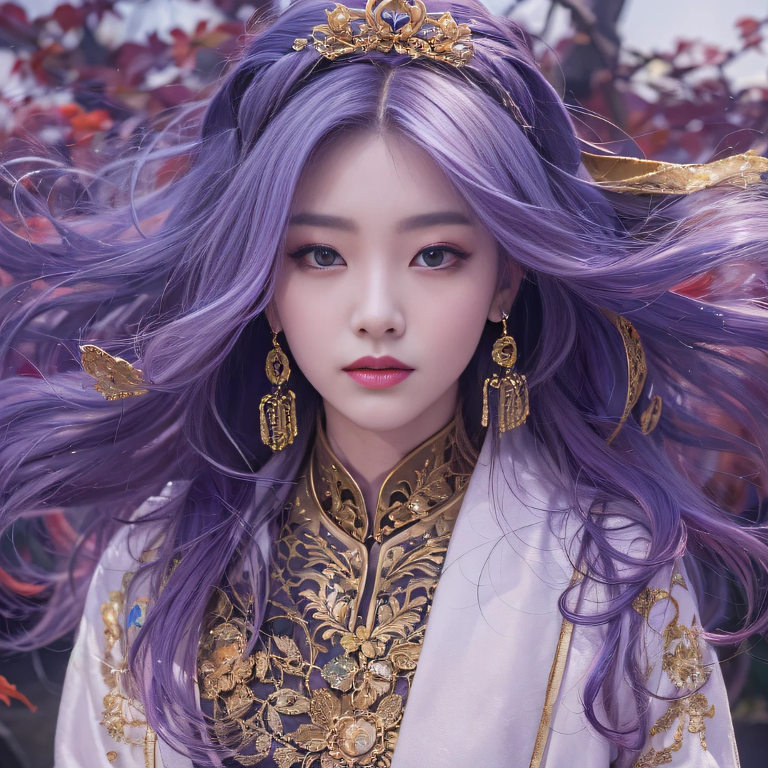 Genki Girl 32K(tmasterpiece,k hd,hyper HD,32K)Long flowing bright purple hair,Autumn Pond,zydink, a color, Asian people (Genki girl), (Silk scarf), Combat posture, looking at the ground, long whitr hair, Floating bright purple, Fire cloud pattern gold tiara, Chinese long-sleeved gold silk garment, (Abstract metaverse splash:1.2), white backgrounid,Lotus vitality protector(realisticlying:1.4),Bright purple hair,Smoke on the road,The background is pure, A high resolution, the detail, RAW photogr, Sharp Re, Nikon D850 Film Stock Photo by Jefferies Lee 4 Kodak Portra 400 Camera F1.6 shots, Rich colors, ultra-realistic vivid textures, Dramatic lighting, Unreal Engine Art Station Trend, cinestir 800,A girl with long flowing bright purple hair