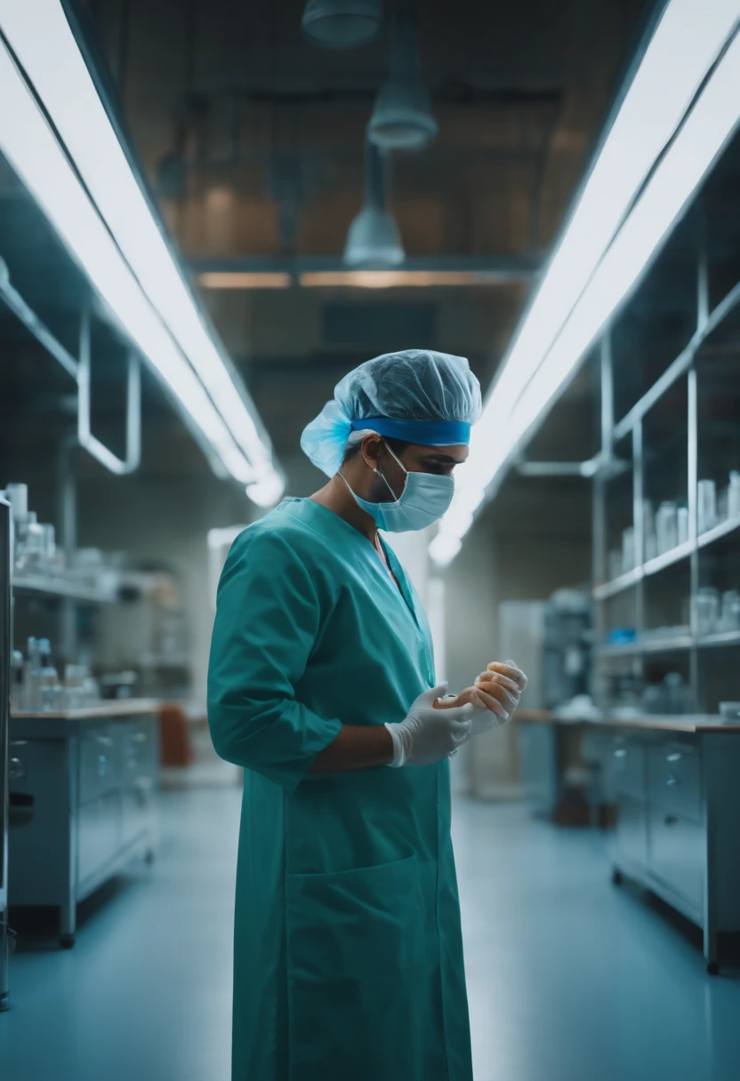 A doctor with a mask in a laboratory, cinematic lighthing, Ultra realista, 8k, cinemactic, fotografia