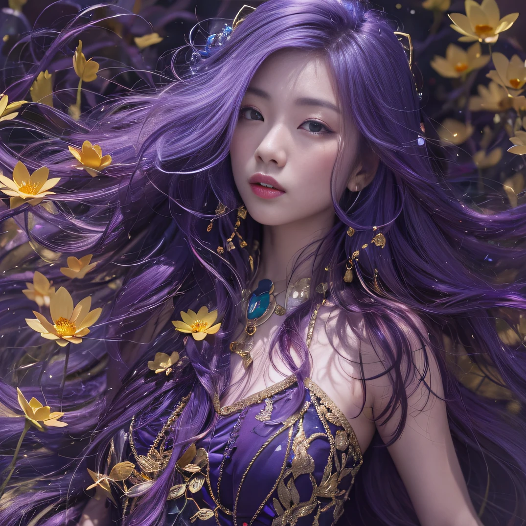 Genki Girl 32K(tmasterpiece,k hd,hyper HD,32K)Long flowing bright purple hair,Autumn Pond,zydink, a color, Asian people (Genki girl), (Silk scarf), Combat posture, looking at the ground, long whitr hair, Floating bright purple, Fire cloud pattern gold tiara, Chinese long-sleeved gold silk garment, (Abstract metaverse splash:1.2), white backgrounid,Lotus vitality protector(realisticlying:1.4),Bright purple hair,Smoke on the road,The background is pure, A high resolution, the detail, RAW photogr, Sharp Re, Nikon D850 Film Stock Photo by Jefferies Lee 4 Kodak Portra 400 Camera F1.6 shots, Rich colors, ultra-realistic vivid textures, Dramatic lighting, Unreal Engine Art Station Trend, cinestir 800,A girl with long flowing bright purple hair