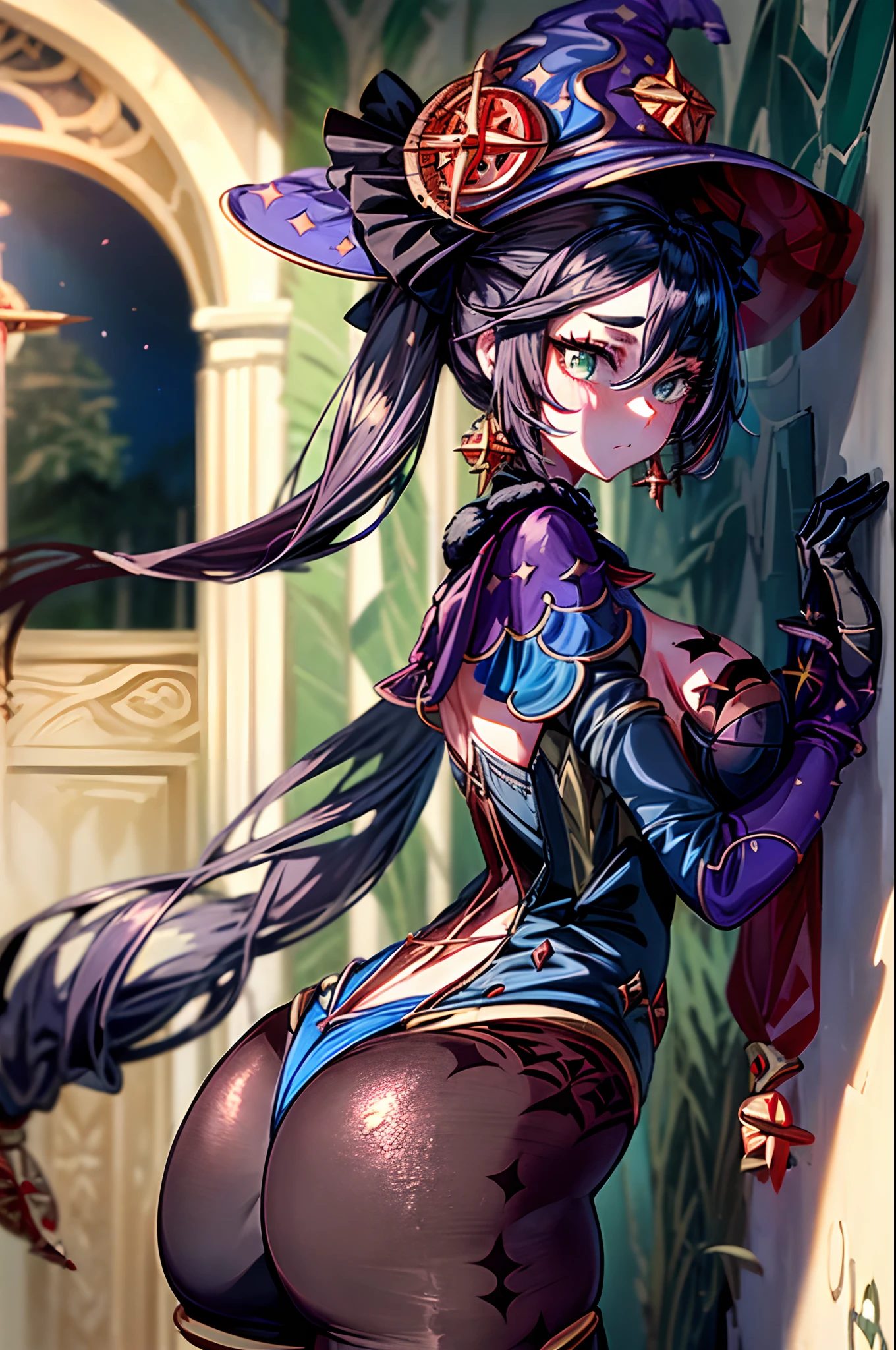 /(pathway in a park/),(against wall:1.3), tile wall,ass grab, (masterpiece, best quality:1.4), 1girl, solo,(mona_genshin:1.4),default_dress, (milf:1.5), highleg, highleg_leotard, leotard, long_hair, twintails,long_sleeves,pantyhose,thigh_strap, thighlet, looking_at_viewer, looking_back, mona_\(genshin_impact\),(thick thigs:1.3),(wide hips:1.4), (an extremely beautiful and delicate),green_eyes, long black hair, medium hair, hair between eyes, ponytail, medium breasts, indoors, cleavage, closed_mouth, (huge breasts:1.2),undersized clothes, long_hair, looking_at_viewer, navel, signature, solo, posing,thighs, tall female, witch_hat, (huge ass:1.4),(wide hips,narrow waist:1.3), naughty face, flustered, surprised,(masterpiece, best quality:1.4),high quality, highly detailed,detailed,perfect,standing,from_behind,