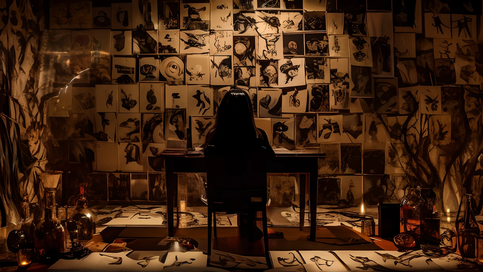 a woman sitting at a table in a dimly lit room, studious chiaroscuro, foreboding room, dimly lit room, set at night, in a darkly lit laboratory room, illustrative art, by Jesper Knudsen, a magician's chamber, dramatic artwork, wondrous, fanart, junji ito undertones