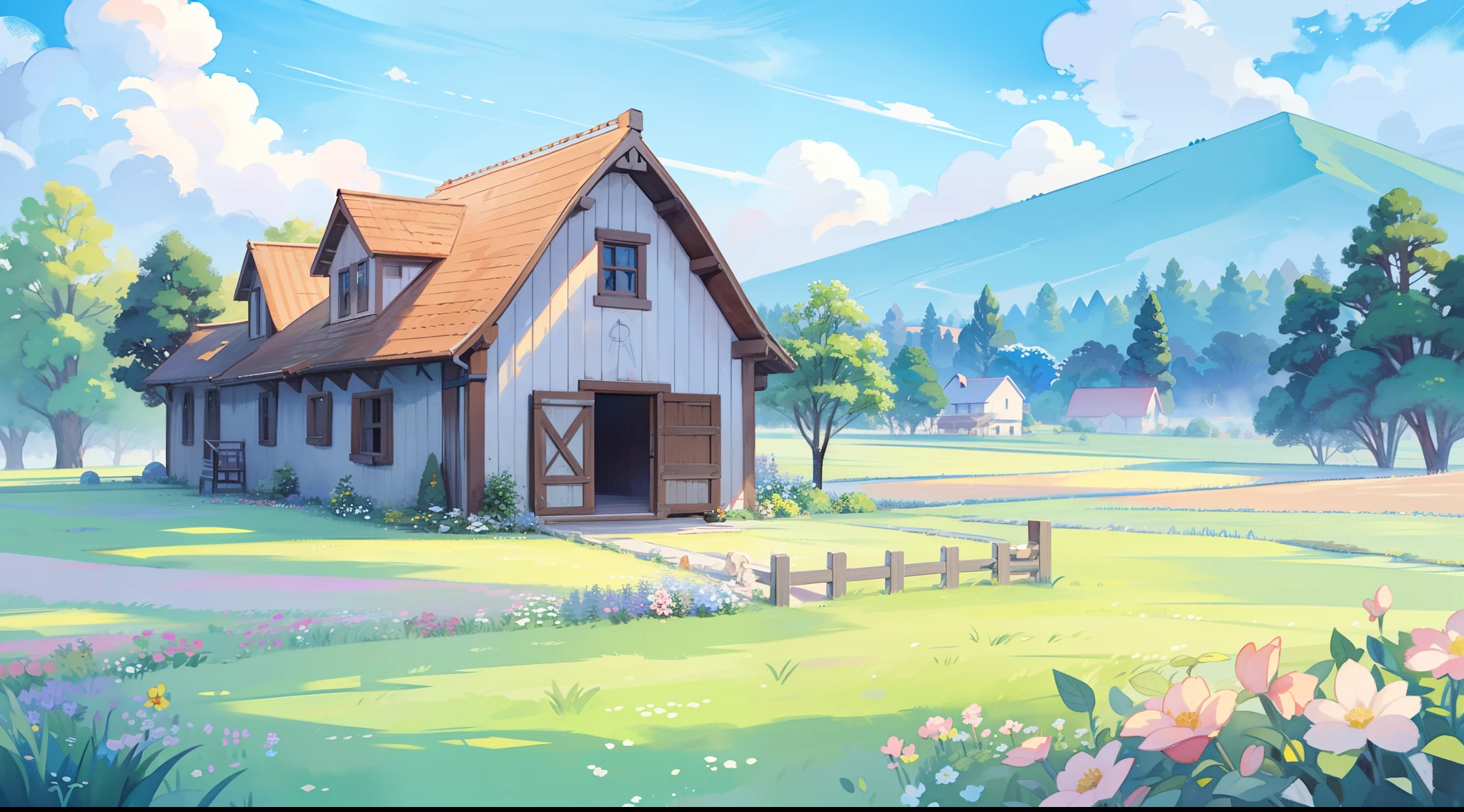 watercolor, children's storybook illustration, clouds, colorful, pastel colors, bright, ((masterpiece)), ((best quality)), 8k, intricate detail, high resolution, highly detailed environment, perfect architecture, sharp focus, highly detailed, countryside fantasy, watercolor illustration, whimsical, bright colors, huge overgrown farmhouse, barn, sharp details, meadow, vines, colorful flowers, perfect architecture