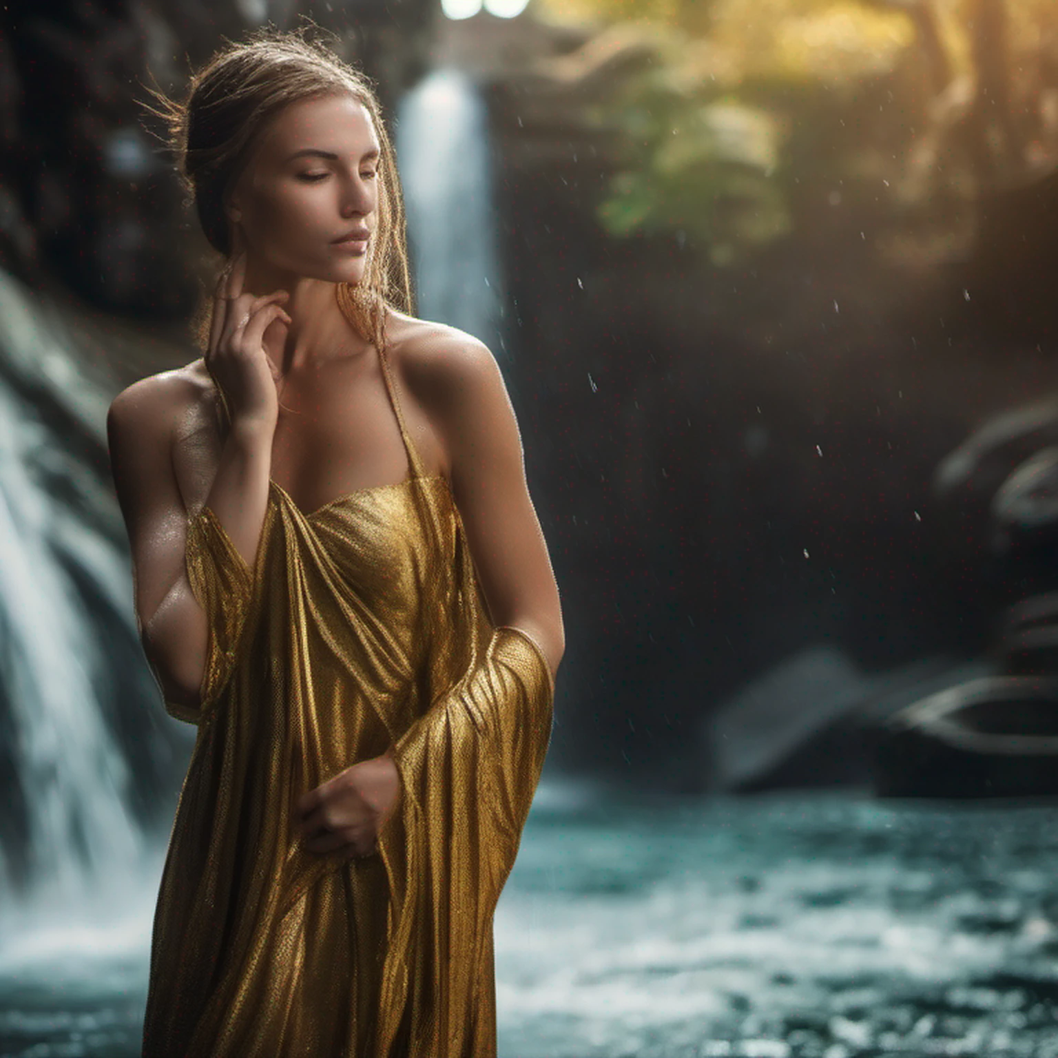 A 35-year-old woman standing confidently in an elegant evening gown on the edge of a serene lake during twilight. She gazes thoughtfully across the water, with the soft glow of the moon reflecting on the lake's surface. Her pose is graceful, with one hand gently resting on her waist and the other lightly touching her neck, highlighting her refined beauty. The camera captures her from a slightly elevated angle, emphasizing her silhouette against the tranquil water. The background features tall, shadowy trees, delicate ripples on the lake, and faint stars beginning to appear in the deepening sky. Photographed with an 85mm lens, the image merges her elegance with the peaceful ambiance of nature. High details, high quality, textured skin, anatomically correct.