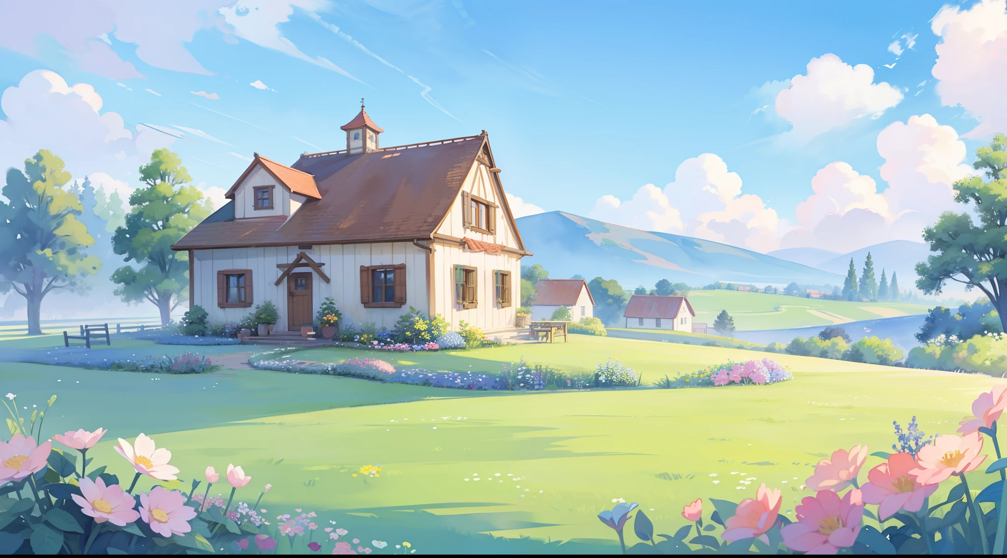 Painting of a house in a field with flowers and trees - SeaArt AI