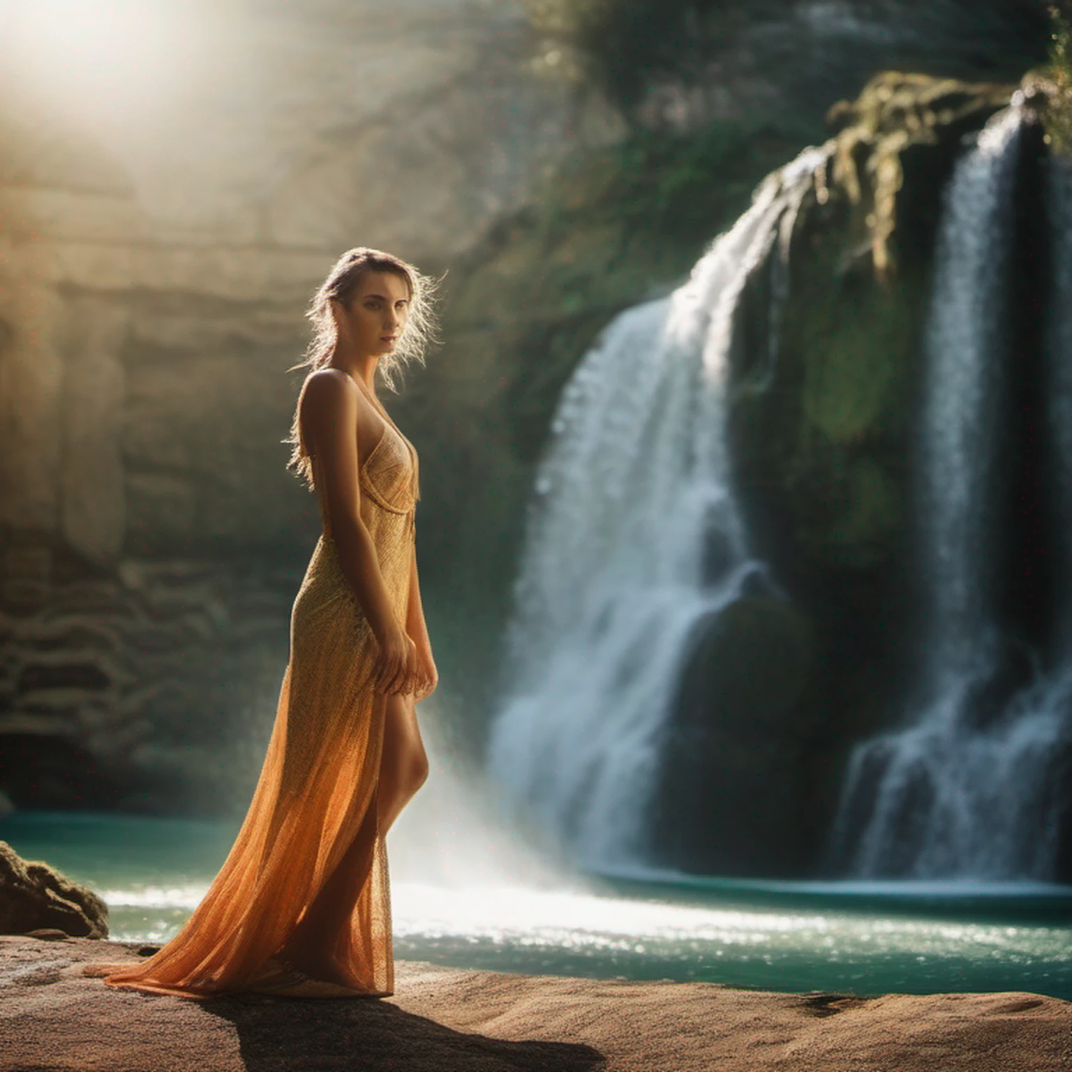 master part, (((Figura completa))) corpo inteiro no quadro, (((magical lighting action shot))) (((Beautiful light smile seductive sexy anorexic Pale goddess woman standing under the waterfall getting soaked by a desert temple High camera angle))), ((( intrincado verde renda futuro fantasia vestido longo cobrindo o corpo))) , (((longos cabelos ruivos))) sunset lighting, Hora de Ouro, Cores douradas, Very detailed, dramatic lighting, digital art trending on Artstation 8k HD high definition detailed realistic, circunstanciado, textura da pele, hiper detalhado, textura de pele realista, Armadura, melhor qualidade, ultra high-resolution, (fotorrealista:1.4), high resolution, circunstanciado, Foto RAW, sharp re, by Lee Jeffries Nikon D850 film Stock Photography 4 Kodak Portra 400 camera F1.6 lens rich colors hyper realistic lifelike texture dramatic lighting unrealengine trending on artstation cinestill 800, (((Anatomia feminina precisa)))