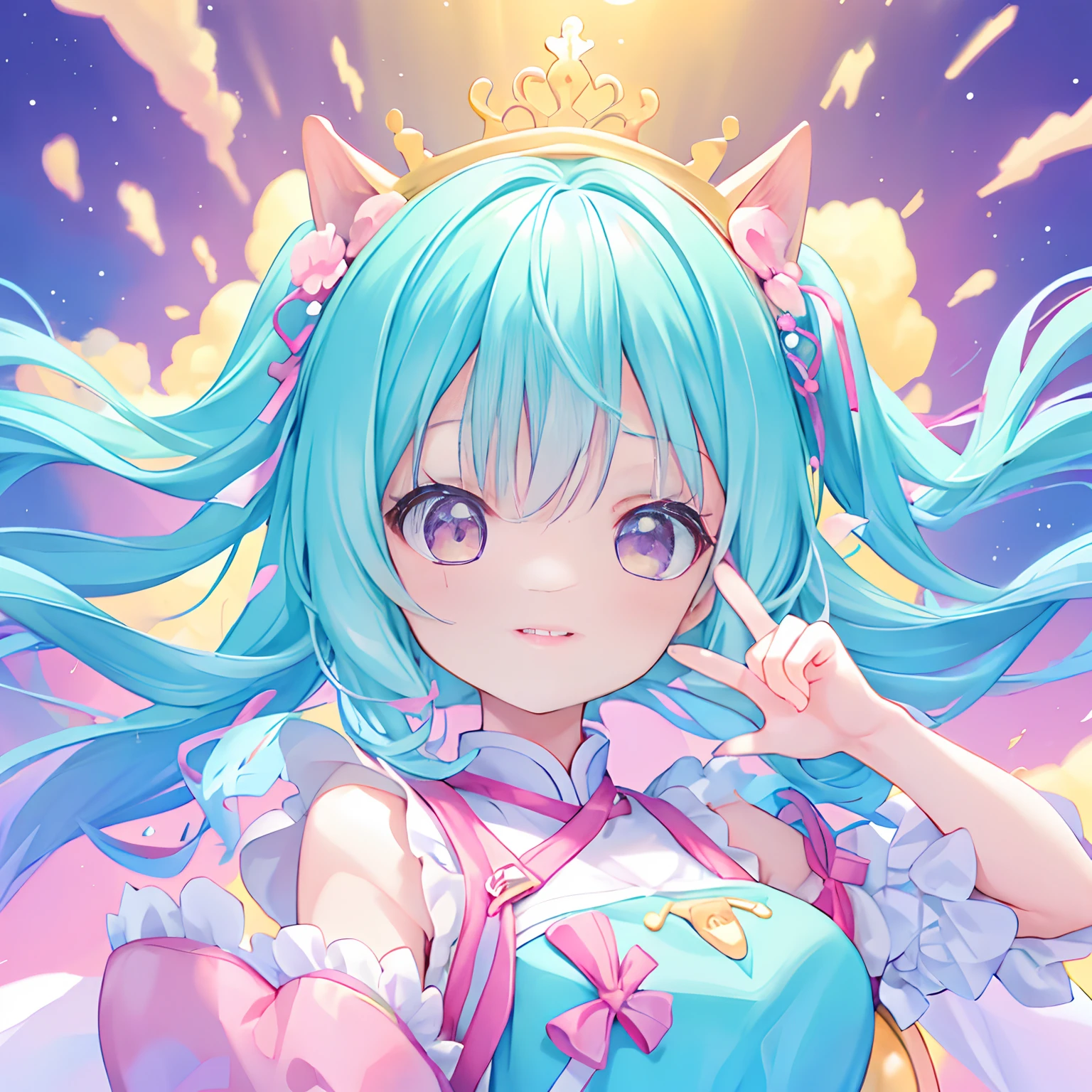 masutepiece, (1girl in), Idol,Looks fun with a big smile， ((Close-up Face)), Big eyes, It seems that the eyes are shining、Kawaii Tech, kawaii, Cute, Pastel colors,Hair color is pastel、 (Best Quality),Mystical deep background of the sky, Symmetrical, Head Tilted,It is necessary to exude innocence、An ultra-high picture quality、Dynamic Angle