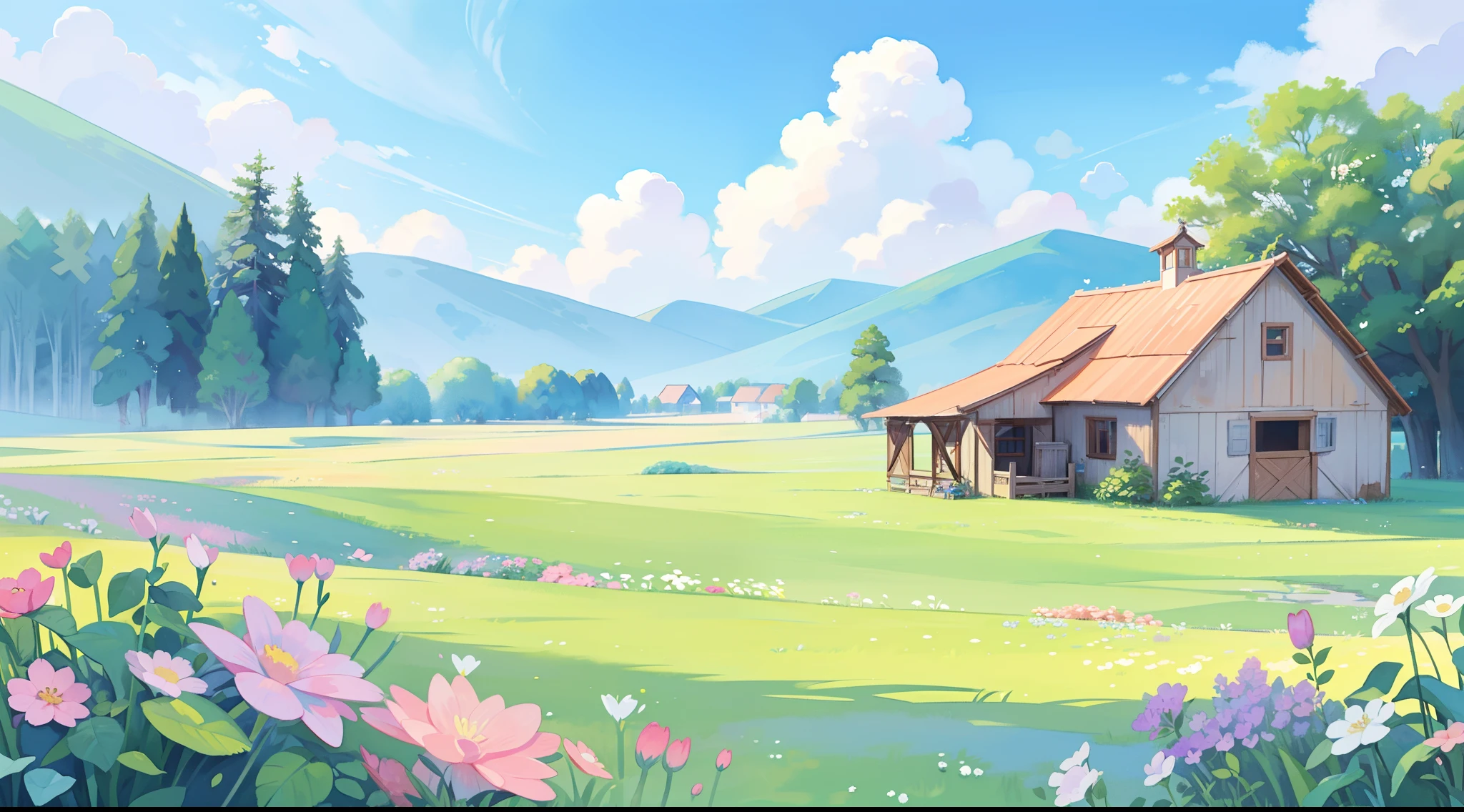 watercolor, children's storybook illustration, clouds, colorful, pastel colors, bright, ((masterpiece)), ((best quality)), 8k, intricate detail, high resolution, highly detailed environment, perfect architecture, sharp focus, highly detailed, countryside fantasy, watercolor illustration, whimsical, bright colors, huge overgrown farmhouse, barn, sharp details, meadow, vines, colorful flowers, perfect architecture