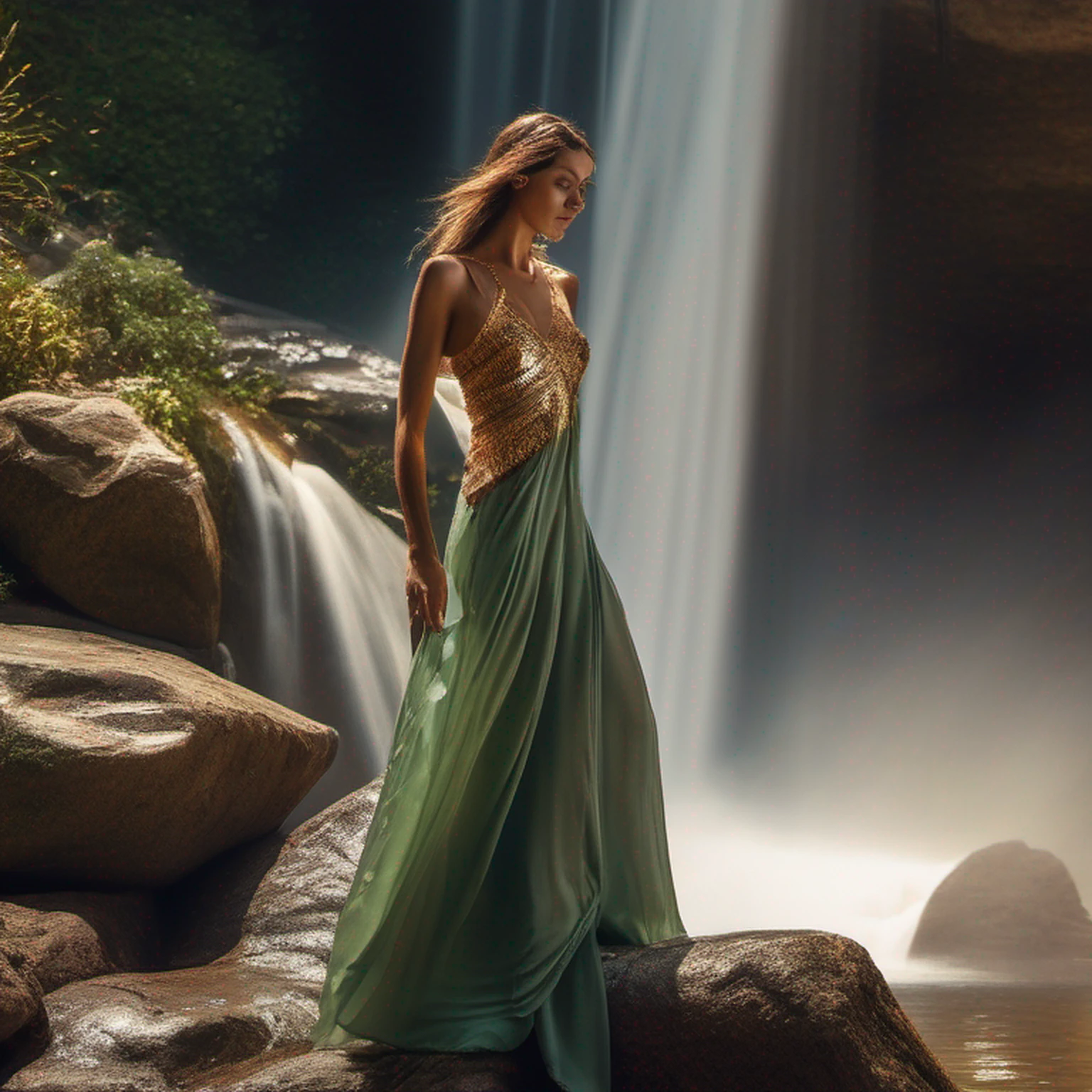 master part, (((Figura completa))) corpo inteiro no quadro, (((magical lighting action shot))) (((Beautiful light smile seductive  anorexic Pale goddess woman standing under the waterfall getting soaked by a desert temple High camera angle))), ((( intrincado verde renda futuro fantasia vestido longo cobrindo o corpo))) , (((longos cabelos ruivos))) sunset lighting, Hora de Ouro, Cores douradas, Very detailed, dramatic lighting, digital art trending on Artstation 8k HD high definition detailed realistic, circunstanciado, textura da pele, hiper detalhado, textura de pele realista, Armadura, melhor qualidade, ultra high-resolution, (fotorrealista:1.4), high resolution, circunstanciado, Foto RAW, sharp re, by Lee Jeffries Nikon D850 film Stock Photography 4 Kodak Portra 400 camera F1.6 lens rich colors hyper realistic lifelike texture dramatic lighting unrealengine trending on artstation cinestill 800, (((Anatomia feminina precisa)))