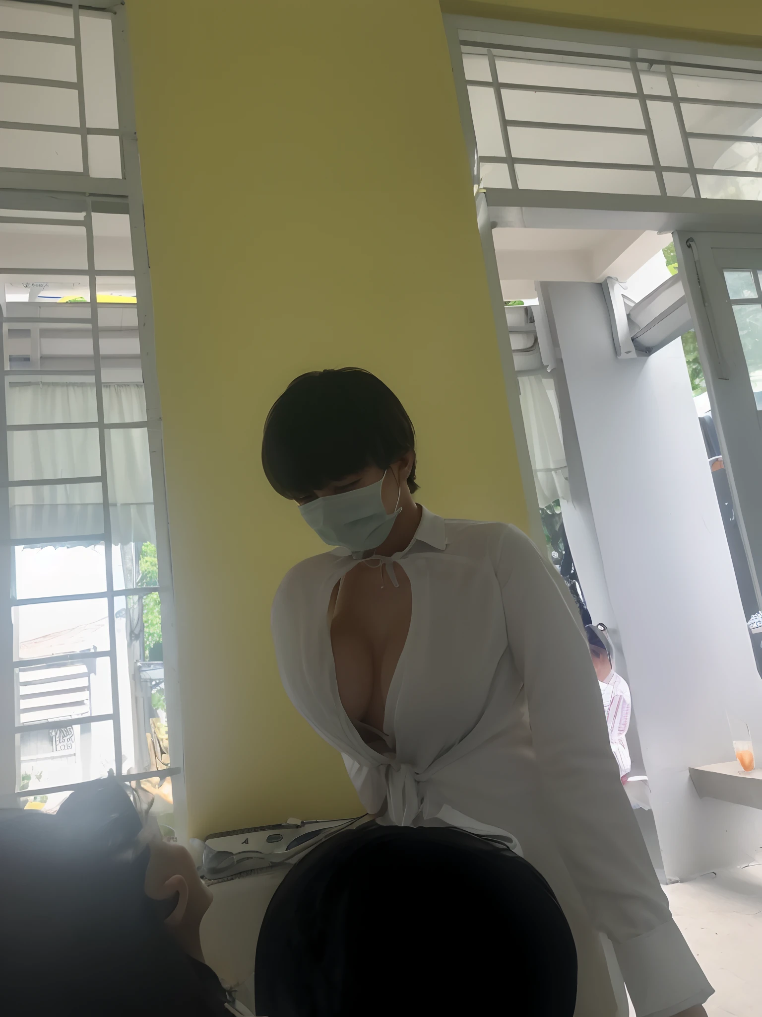 ((Best quality, 8k, Masterpiece :1.3)), 1girl, Pretty woman with slender abs :1.3, (Medium-short hair, Huge breasts :1.2), Cardigan :1.1, Ultra-detailed face, Detailed eyes, Double eyelid