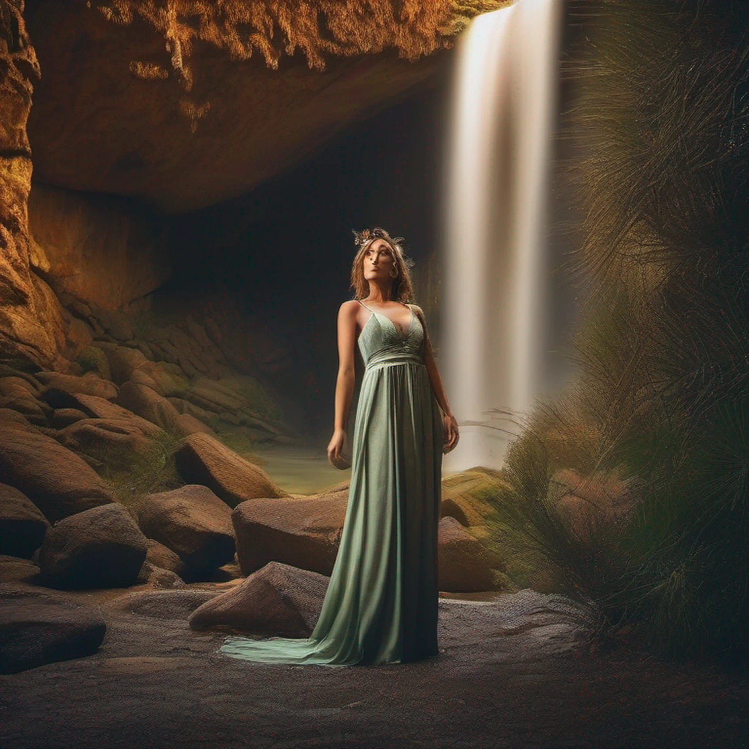master part, (((Figura completa))) corpo inteiro no quadro, (((magical lighting action shot))) (((Beautiful light smile seductive sexy anorexic Pale goddess woman standing under the waterfall getting soaked by a desert temple High camera angle))), ((( intrincado verde renda futuro fantasia vestido longo cobrindo o corpo))) , (((longos cabelos ruivos))) sunset lighting, Hora de Ouro, Cores douradas, Very detailed, dramatic lighting, digital art trending on Artstation 8k HD high definition detailed realistic, circunstanciado, textura da pele, hiper detalhado, textura de pele realista, Armadura, melhor qualidade, ultra high-resolution, (fotorrealista:1.4), high resolution, circunstanciado, Foto RAW, sharp re, by Lee Jeffries Nikon D850 film Stock Photography 4 Kodak Portra 400 camera F1.6 lens rich colors hyper realistic lifelike texture dramatic lighting unrealengine trending on artstation cinestill 800, (((Anatomia feminina precisa)))