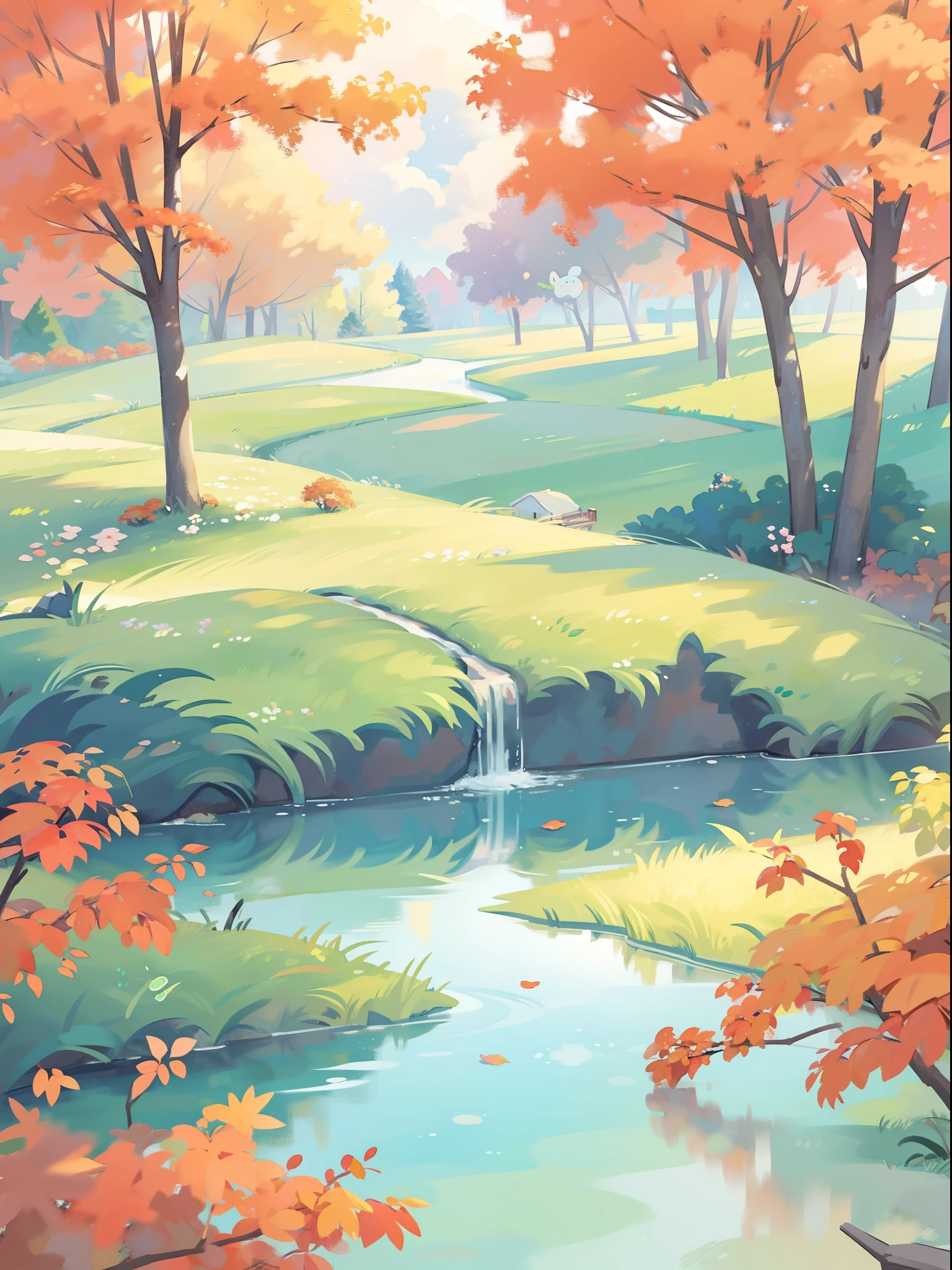 watercolor, children's storybook illustration, clouds, colorful, pastel colors, bright, ((masterpiece)), ((best quality)), 8k, intricate detail, high resolution, highly detailed environment, perfect architecture, sharp focus, highly detailed, fine detail, masterpiece, best quality, tiny details, watercolor storybook illustration, ((autumn)), forest landscape, fall color scheme, autumn warm colors, landscape, river, trees, magical woodland creatures