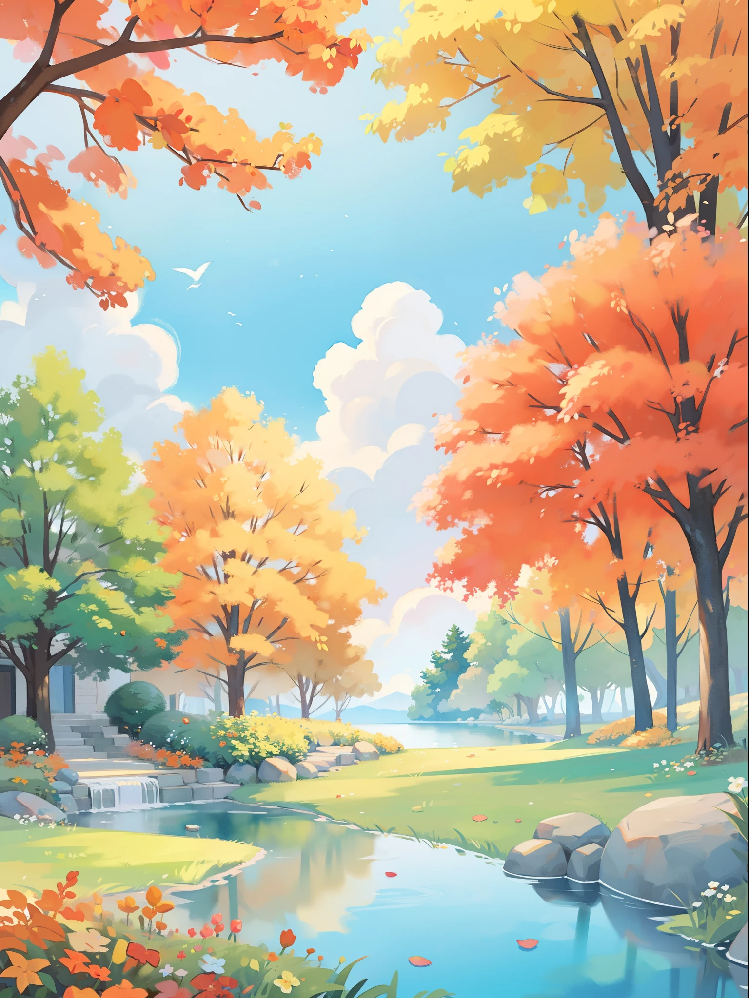 watercolor, children's storybook illustration, clouds, colorful, pastel colors, bright, ((masterpiece)), ((best quality)), 8k, intricate detail, high resolution, highly detailed environment, perfect architecture, sharp focus, highly detailed, fine detail, masterpiece, best quality, tiny details, watercolor storybook illustration, ((autumn)), forest landscape, fall color scheme, autumn warm colors, landscape, river, trees, magical woodland creatures
