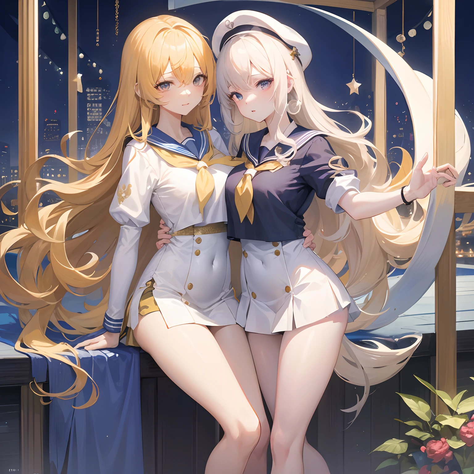 Absolutely beautiful、Perfect slim body、mature yellow hair、Big curly hair、a sailor suit、sexy and seductive、beautiful countenance、portrait of a full body、Standing Pose、4K picture quality、big body、Feminine look、Blushy、deep eye、huge-breasted、a short skirt