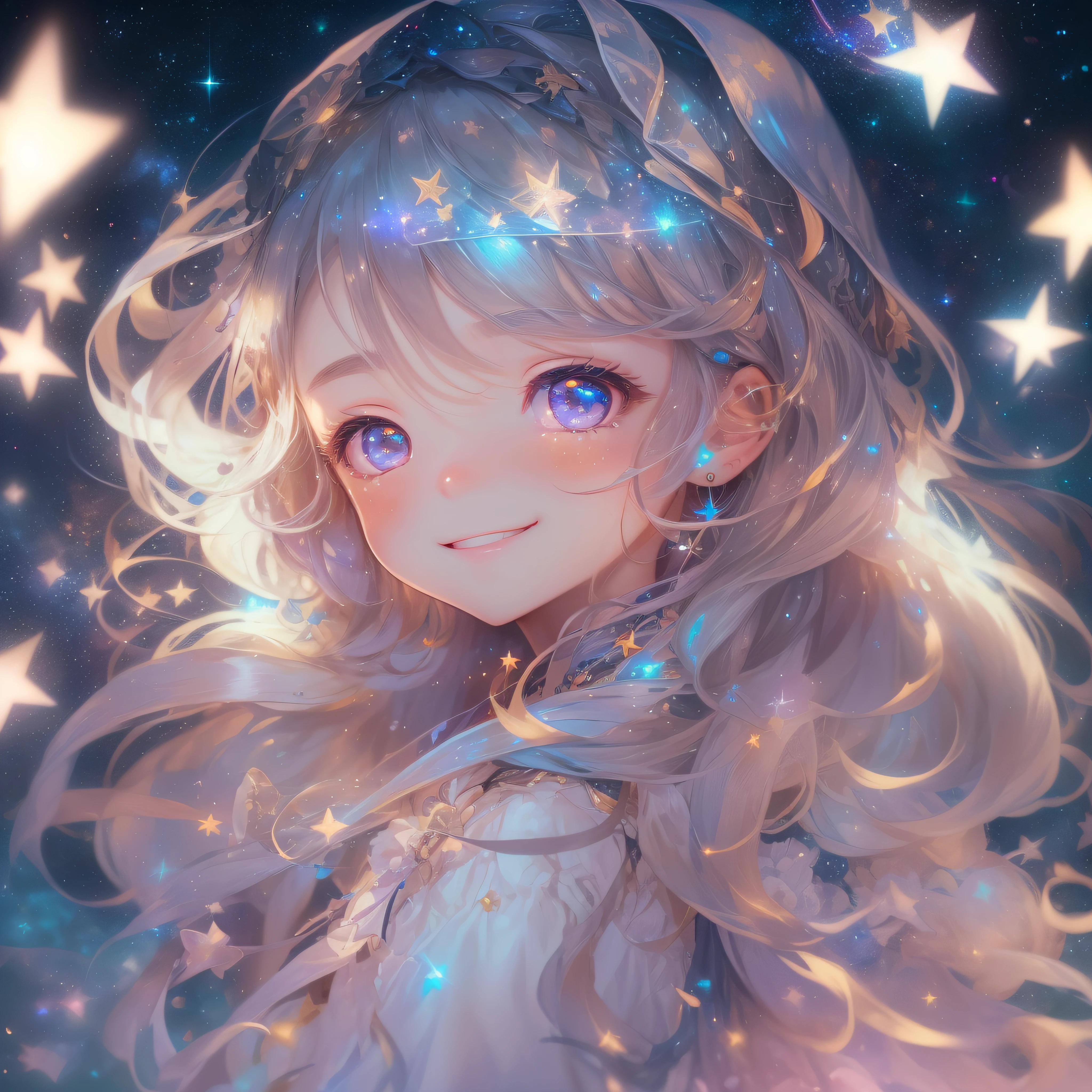 The background is the entire starry sky of the galaxy，Twinkling starlight，Boundless，Fantastic sight。Close up of smiling looking up、Facing upwards、(​masterpiece、realisitic、hight resolution)、(1 girl in):1.2)、Do-Up Eye、Korean Girl、(Best Quality), (masutepiece), (1girl in), Solo, Beautiful Girl, Perfect face, dreamlikeart、Highly detailed airbrush art(((Surreal))、intricate detailes、Volumetric lighting、(​masterpiece:1.2)、(top-quality)、The ultra-detailliert、(The composition of the movement:1.4)、Highly detailed colorful details、(Bright lighting、Atmospheric lighting)、Magical、dynamic compositions、Ray traching、The mirror reflects light、Shallow depth of field、ultra-detailliert、mixing  exposure、nffsw、Super masterpiece、Her eyes are glowing with starlight、Her face is full of anticipation and courage、Her lips gloss、Smiles and adventurous atmosphere、Starry sky in the rear、Bring starry light、The starry sky creates a beautiful scenery..。Her courage and determination are condensed.、Eye-catching presence。Her eyes are shining。shooting stars、shooting stars、