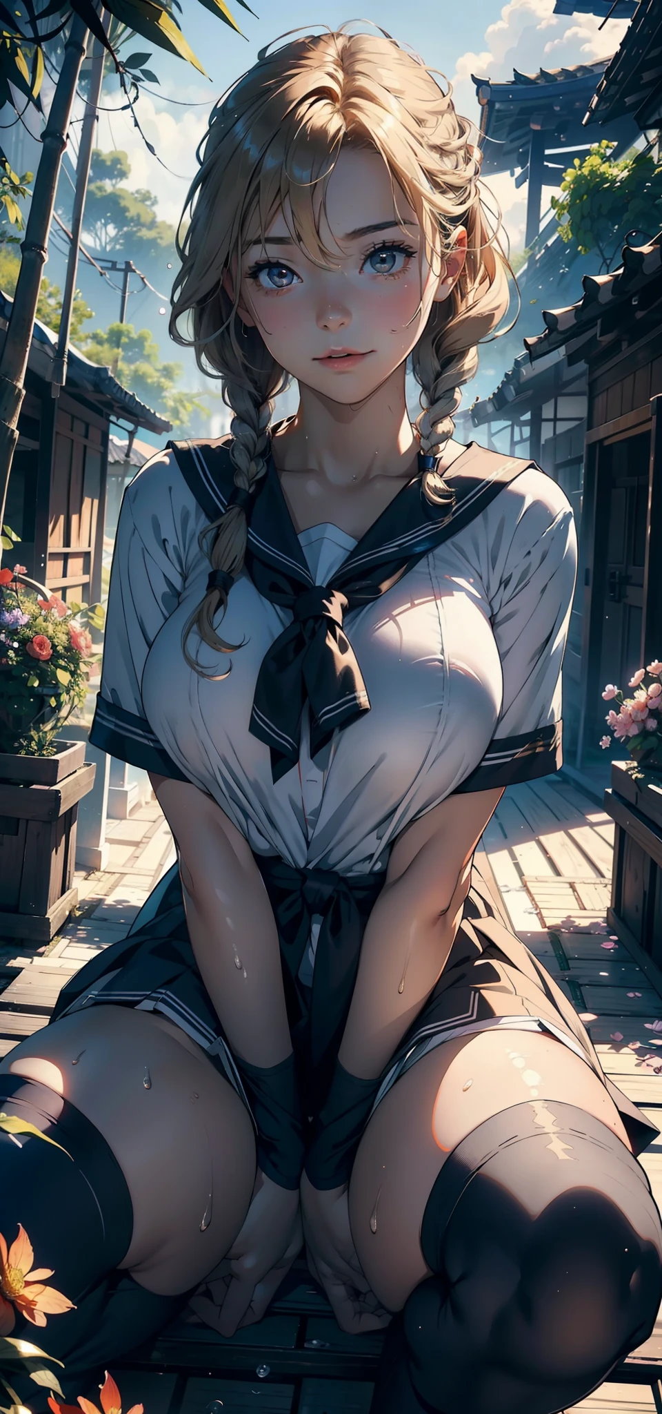 1female，25 age old，Slim，Large breasts，long leges，Big breasts Thin waist，Pornographic exposure， 独奏，（Background with：bamboo forrest，Stand in a sea of flowers，in summer） She has short blonde hair，standing on your feet，Sweat profusely，drenched all over the body，seen from the front， Twist braids， mostly cloudy sky，（（（tmasterpiece），（Very detailed CG unity 8K wallpaper），best qualtiy，cinmatic lighting，detailed back ground，beatiful detailed eyes，Bright pupils，（Very fine and beautiful），（Beautiful and detailed eye description），ultra - detailed，tmasterpiece，）），facing at camera，A high resolution，ultra - detailed），revealing breasts，Bare genitalia， Bulge，Camel toes，Raised sexy，Flushed complexion，Open-mouthed，frontage，（Wearing：Sailor uniform，Black socks，）nakeness，upper body photos