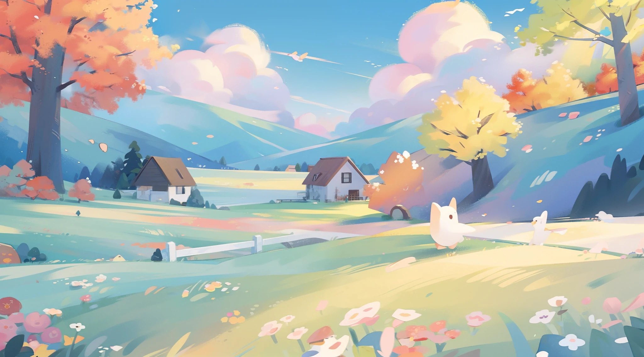 watercolor, children's storybook illustration, clouds, colorful, pastel colors, bright, ((masterpiece)), ((best quality)), 8k, intricate detail, high resolution, highly detailed environment, perfect architecture, sharp focus, highly detailed, fine detail, masterpiece, best quality, tiny details, watercolor storybook illustration, ((autumn)), forest, fall color scheme, autumn warm colors, fantasy landscape, village, farmland, cottages