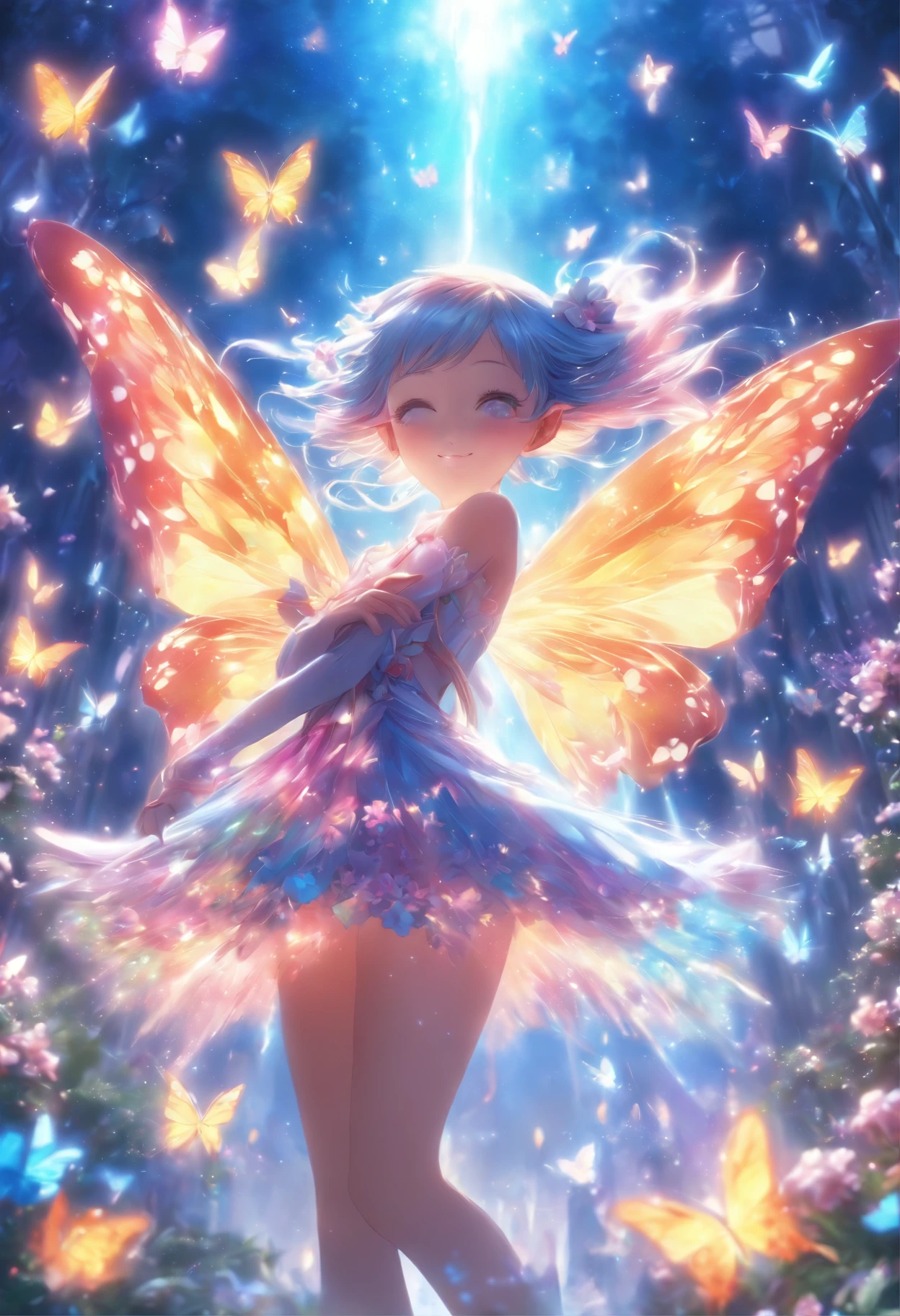 one-girl，Thighs above the knee，Elves in flowers，A pair of transparent butterfly wings，Colorful wings，（A skirt composed of petals：1.5），The petals float into the sky，（Petals of various flowers），best qualtiy，tmasterpiece，Photorealsitic，Photorealistic image quality，The dawn effect，Beam light