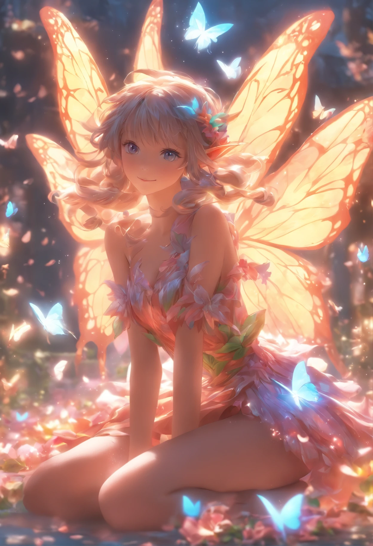 one-girl,Elf in flowers,A pair of transparent elf wings,A skirt made up of petals,Petals drifting towards the sky,(More than 20 kinds of flowers),(Petals of various flowers),