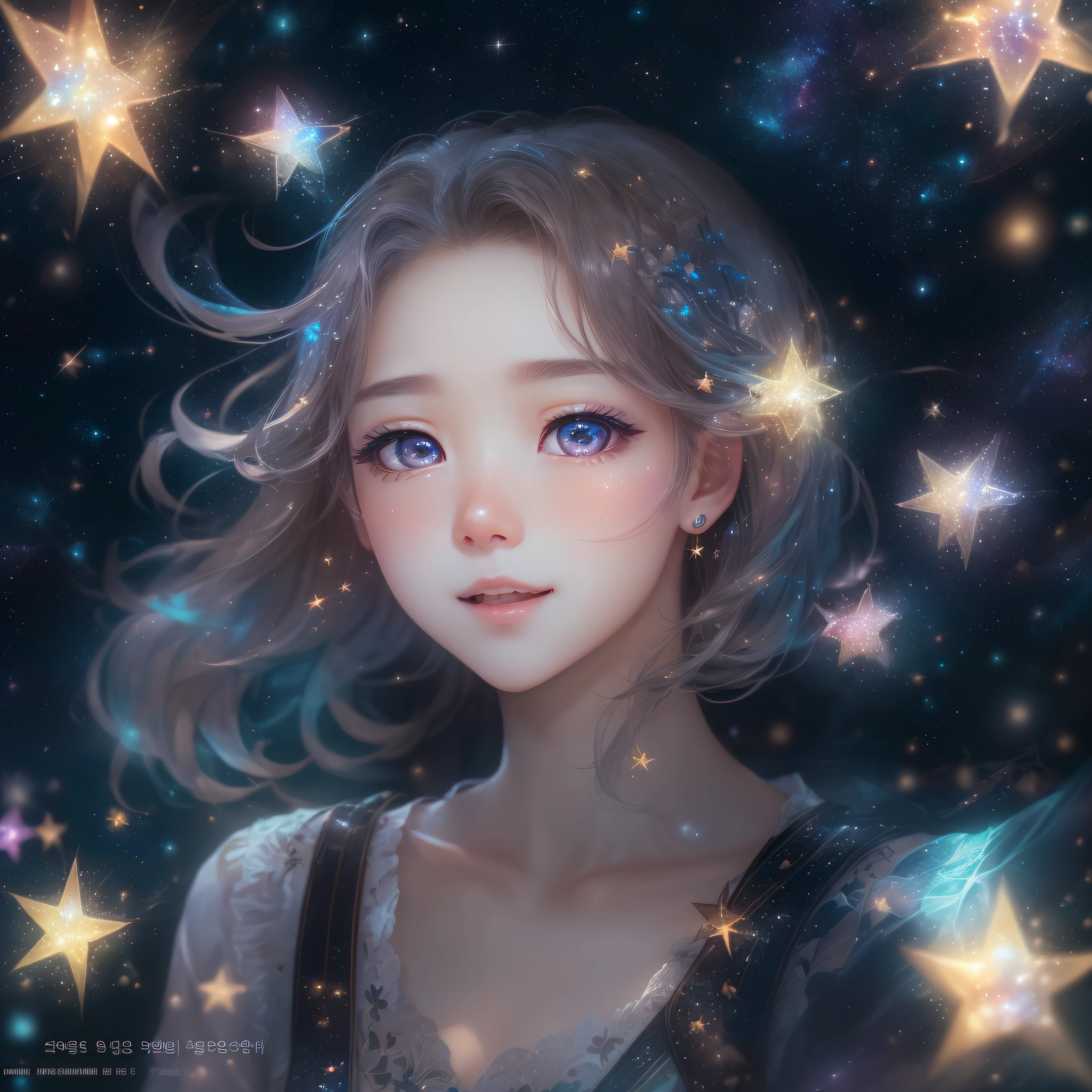 The background is the entire starry sky of the galaxy,Twinkling starlight,Boundless,Fantastic sight。Close up of smiling looking up、Facing upwards、(masterpiece、realisitic、hight resolution)、(1 girl in):1.2)、Do-Up Eye、Korean Girl、(Best Quality), (masutepiece), (1girl in), Solo, Beautiful Girl, Perfect face, dreamlikeart、Highly detailed airbrush art(((Surreal))、intricate detailes、Volumetric lighting、(masterpiece:1.2)、(top-quality)、The ultra-detailliert、(The composition of the movement:1.4)、Highly detailed colorful details、(Bright lighting、Atmospheric lighting)、Magical、dynamic compositions、Ray traching、The mirror reflects light、Shallow depth of field、ultra-detailliert、mixing exposure、nffsw、Super masterpiece、Her eyes are glowing with starlight、Her face is full of anticipation and courage、Her lips gloss、Smiles and adventurous atmosphere、Starry sky in the rear、Bring starry light、The starry sky creates a beautiful scenery..。Her courage and determination are condensed.、Eye-catching presence。Her eyes are shining。shooting stars、shooting stars、