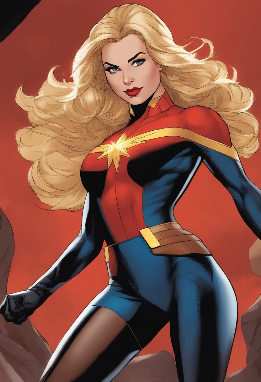 Carol danvers, Captain Marvel, Mar-Vell, sleeveless turtleneck leotard, wavy hair, very long hair, blonde hair, blue eyes, large breasts, big breasts, huge breasts, detached sleeves, elbow gloves, thong leotard, superheroine, marvel, thighhighs, thigh high boots, thighs, red sash, red sash around waist, captain marvel, thigh highs under boots, thighhighs under thighhighs, thighhighs under pantyhose, no skirt, no pants, no sleeves, sleeveless, garter belt, garter belt, united states air force, military uniform,