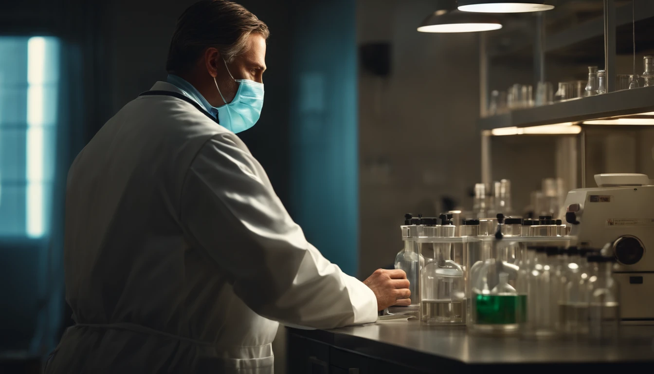 A doctor with a mask in a laboratory, cinematic lighthing, Ultra realista, 8k, cinemactic, fotografia