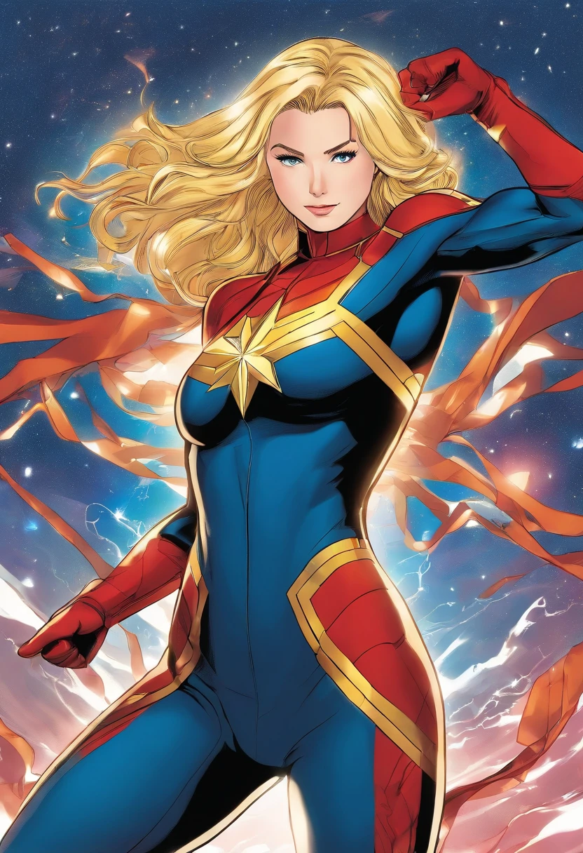 Carol danvers, Captain Marvel, Mar-Vell, sleeveless turtleneck leotard, wavy hair, very long hair, blonde hair, blue eyes, large breasts, big breasts, huge breasts, detached sleeves, elbow gloves, thong leotard, superheroine, marvel, thighhighs, thigh high boots, thighs, red sash, red sash around waist, captain marvel, thigh highs under boots, thighhighs under thighhighs, thighhighs under pantyhose, no skirt, no pants, no sleeves, sleeveless, garter belt, garter belt,