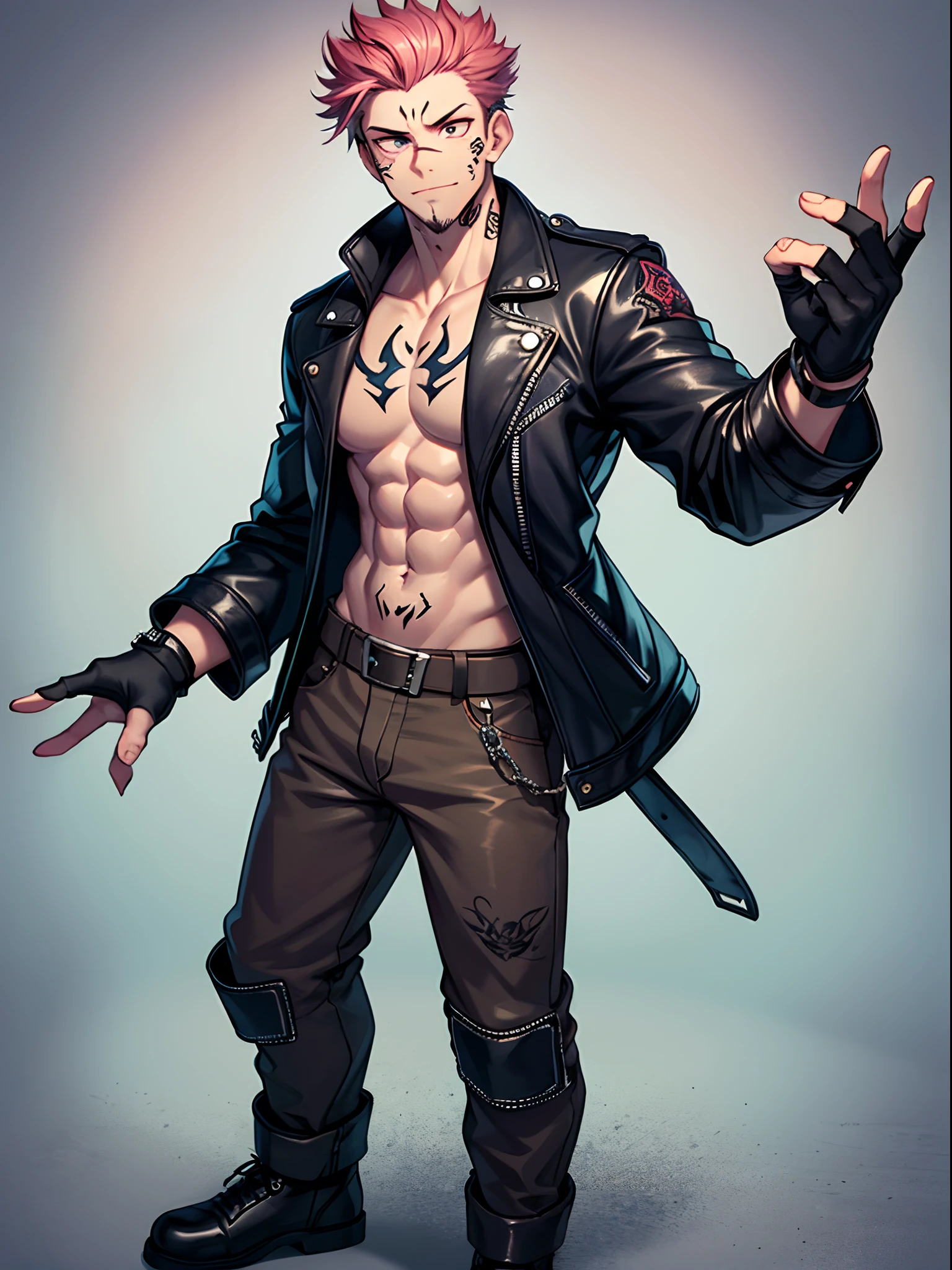 (masterpiece, best quality:1.2), cowboy shot, 1boy, sukuna, leather fingerless gloves, tattoo_on_his_face, manly, full body, biker, pink hair, intricate details, utra detailed, black leather, muscular mature male, eye focus, biker jacket, anatomically correct, tattoo_ryoumen,