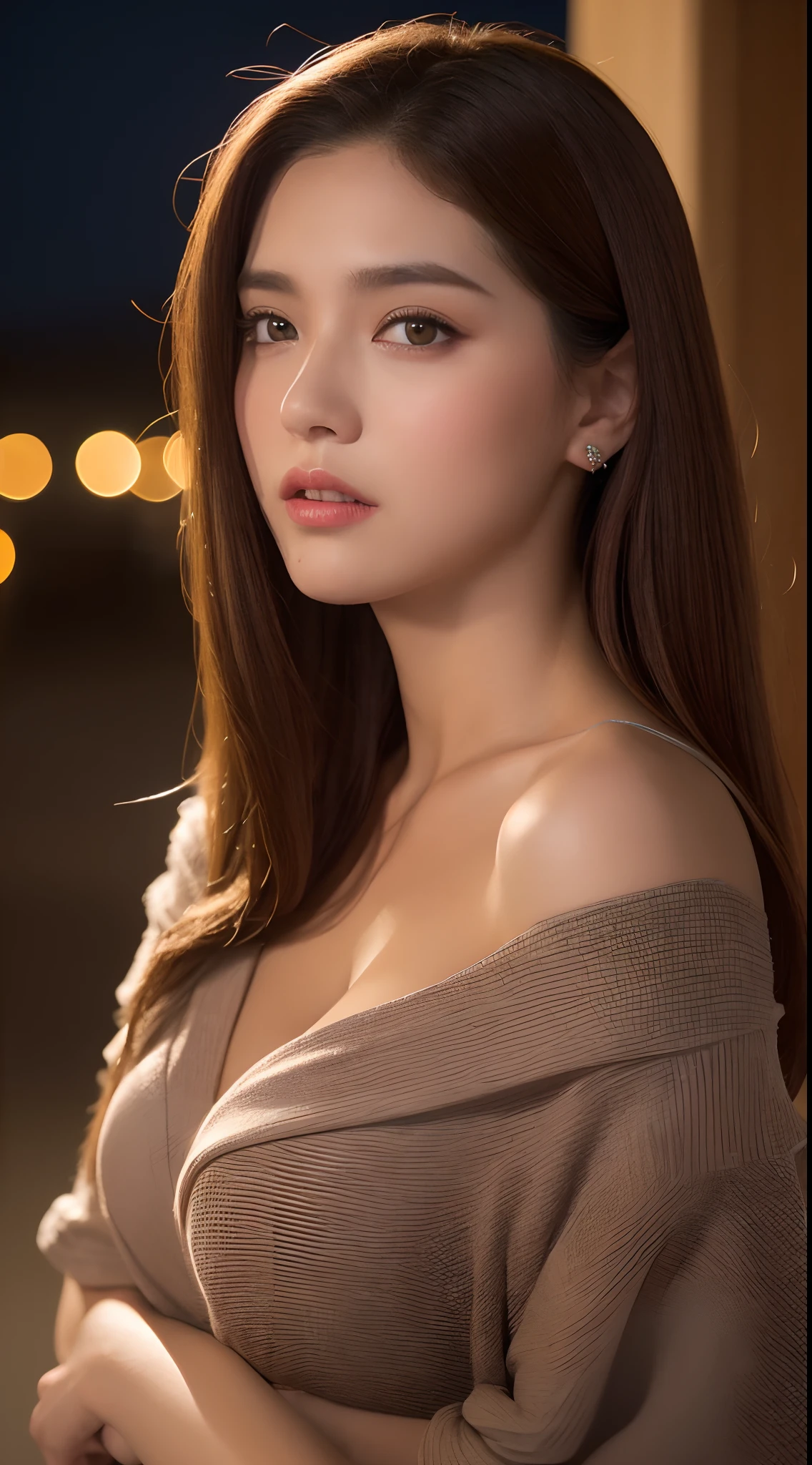 ((Night Scene, Realistic Light, Best Quality, 8k, Masterpiece: 1.3)), 1 Girl, Slim Body Beauty: 1.4, Brown Hair, (Big: 1.3), Off Shoulder Cut Top: 1.3, Ultra Detailed Face, Detailed Eyes, Double Eyelids, Disneyland, Roller Coaster, Cleavage