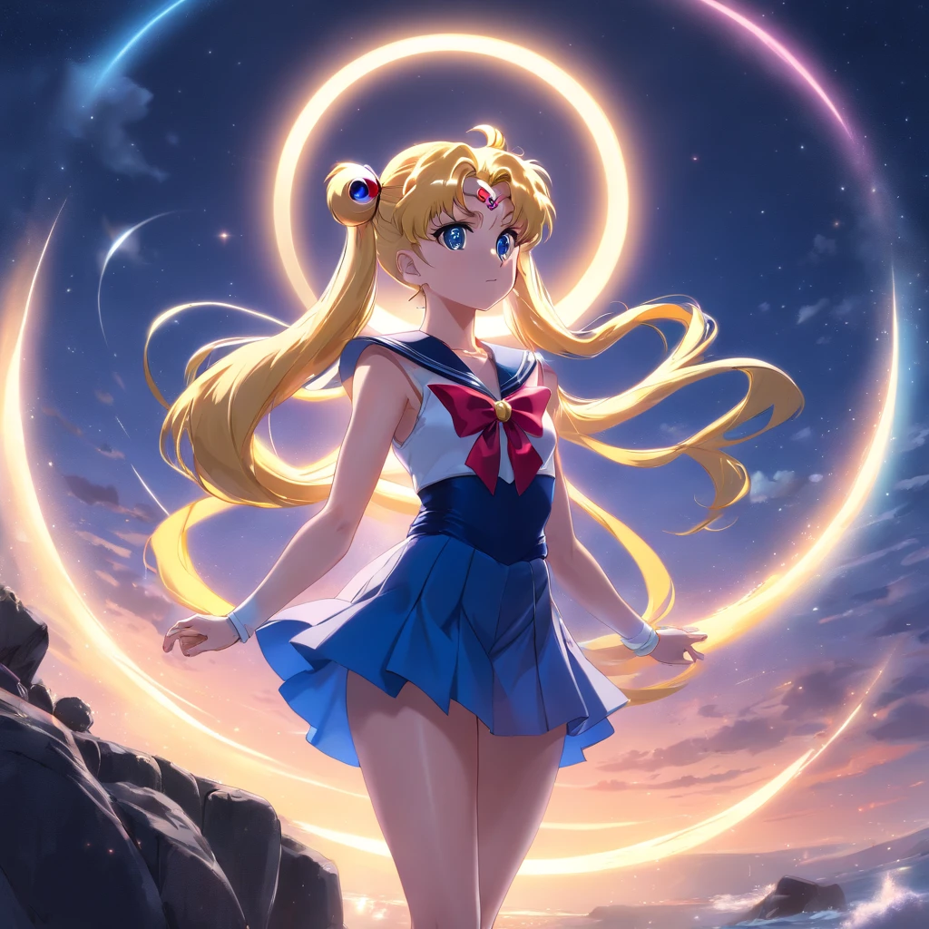Sailor Moon, Long Blonde Hair, Full body, Beautiful female body, Long legs, High boots, film photography, analogphoto, Film grain, Extreme Detail, 4K, Ultra HD, Hyper-Realism, Trending on ArtStation, Polished, Radiant, Vibrant, Photorealistic, Backlight, hairlight, 8K Ultra HD, unreal enginee 5