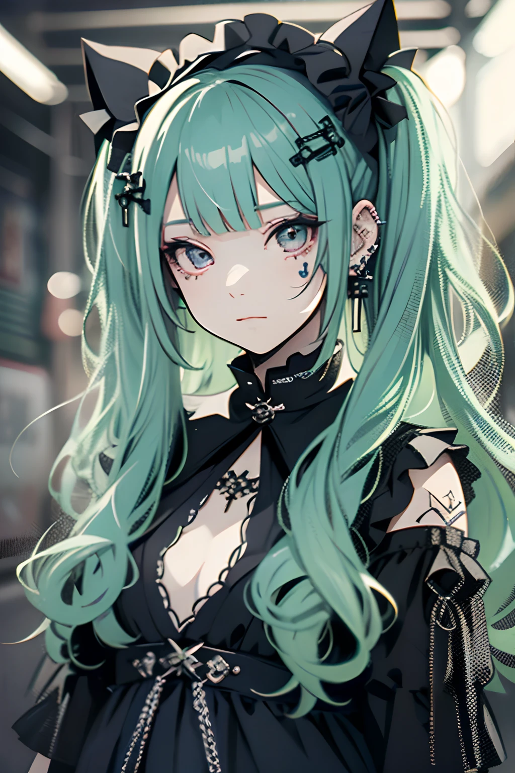 maid clothes、Green hair、miku hatsune、Twin-tailed、piercings、耳Nipple Ring、The tattoo、goth_punk, 1girl in, 独奏,、top-quality, Photorealistic, An ultra-fine illustrations, beautiful attractive anime girl, miku hatsune, Slender body, Tied hair, one girls, a photo of girl, Full body shot, Beautiful blue eyes, Turned,耳Nipple Ring、hair adornments、jewely、