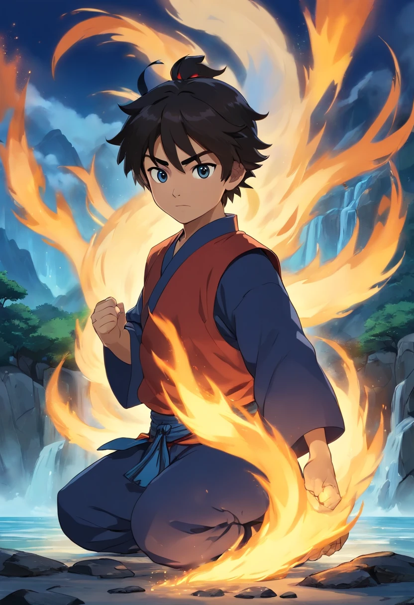 anime do studio ghibli |, melhor qualidade, anime, 1st grade, Ryu, Fire Nation Clothing, Ryu (Sopro de Fogo), masculino, universo (avatar the last airbender), sozinho, cabelos pretos, fire, Chamas azuis, chamas pelo corpo, Escuro, Cabelo samurai, olhos fechados, Meditando, sentado, Avatar Meditation, Meditation training, 16 anos, Fundo Cachoeira, Ryu sopro de fogo, Dominador de Fogo, - Avatar Universe or Last Airbender, mestre do fogo, roupa preta, blusa preto, luvas pretas, Garganta alta, Baggy Puffy Pants, camisa preta de manga comprida, Blue Flames.