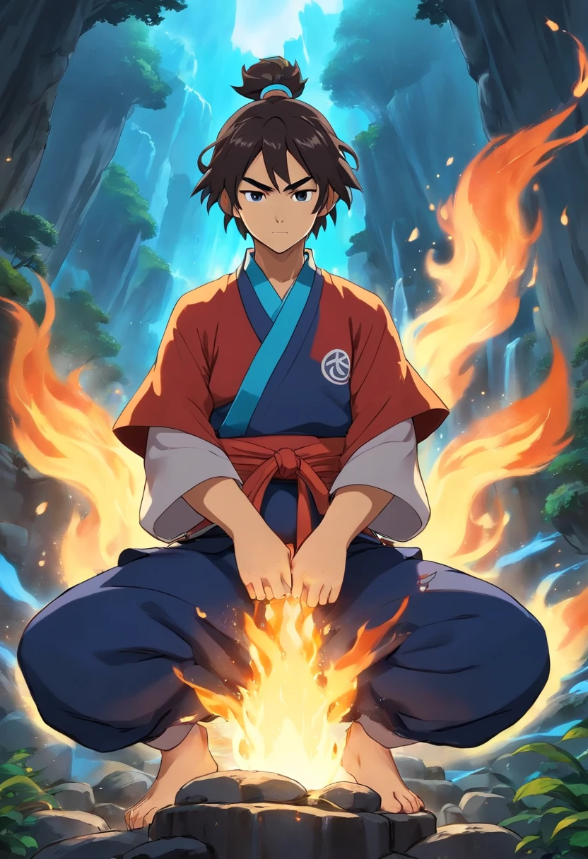 anime do studio ghibli |, melhor qualidade, anime, 1st grade, Ryu, Fire Nation Clothing, Ryu (Sopro de Fogo), masculino, universo (avatar the last airbender), sozinho, cabelos pretos, fire, Chamas azuis, chamas pelo corpo, Escuro, Cabelo samurai, olhos fechados, Meditando, sentado, Avatar Meditation, Meditation training, 16 anos, Fundo Cachoeira, Ryu sopro de fogo, Dominador de Fogo, - Avatar Universe or Last Airbender, mestre do fogo, roupa preta, blusa preto, luvas pretas, Garganta alta, Baggy Puffy Pants, camisa preta de manga comprida, Blue Flames.