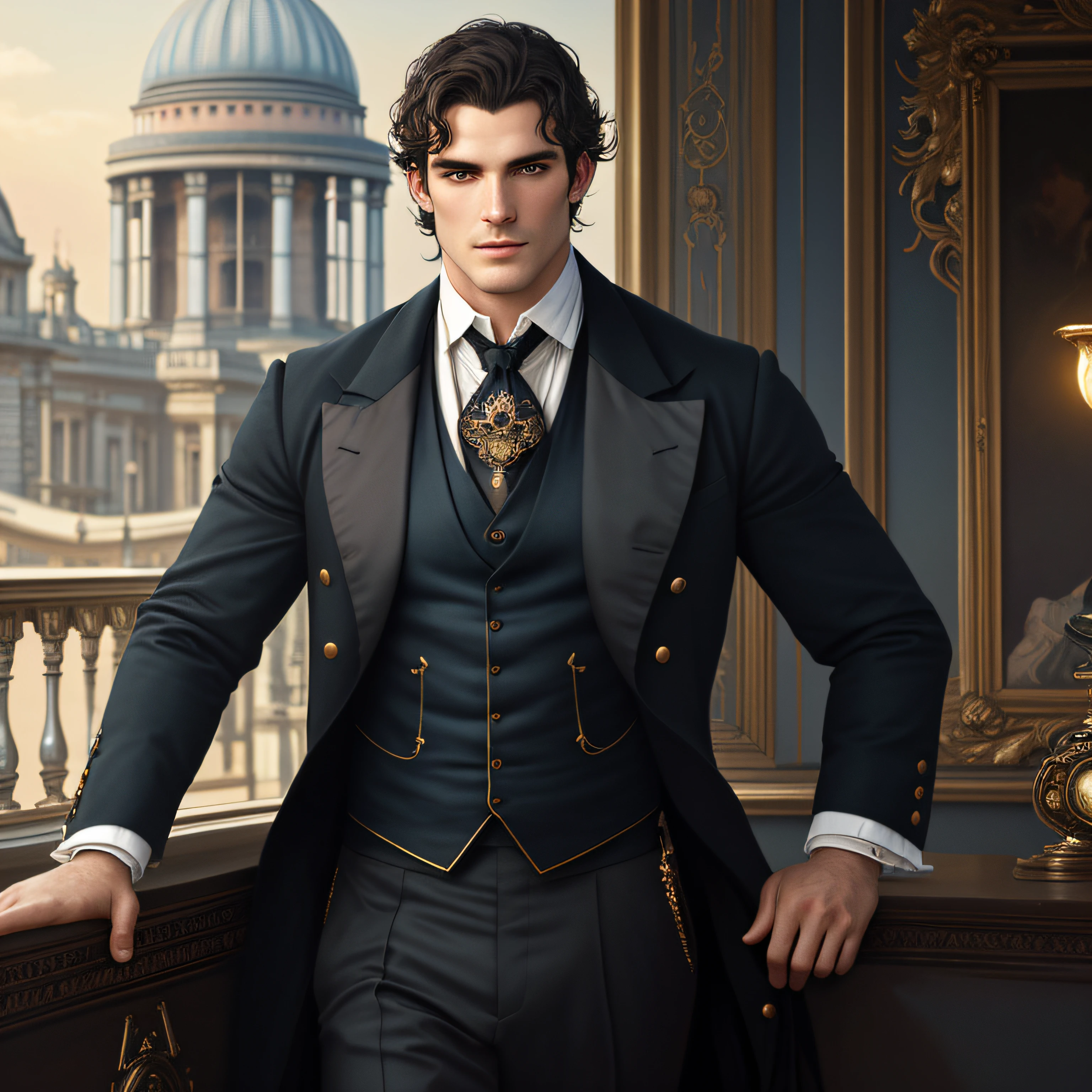 masterpiece stunning beautiful mature slin masculine  man, wearing regency man outfit, no hat, ((sunny london background)), black very short hair, perfect, big and detailed blue eyes, resemblance to henri cavill with maxi iglesias, harmonic and detailed face, full body, cover, hyperdetailed painting, luminism, Bar lighting, complex, 4k resolution concept art portrait by Greg Rutkowski, Artgerm, WLOP, Alphonse Mucha: a stunning realistic photograph 30 years