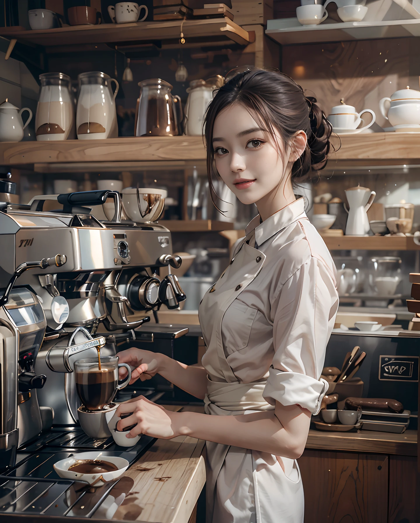 masutepiece、hight resolution、The coffee shop of the future、Woman making delicious coffee、２５Year old girl、１Girl clerk、Looking at the camera、Hair is fashionably tied、long chestnut hair（Pink Inner Color）smil、Finish as shown in the photo、Coffee and beauty、the skin is white and beautiful、