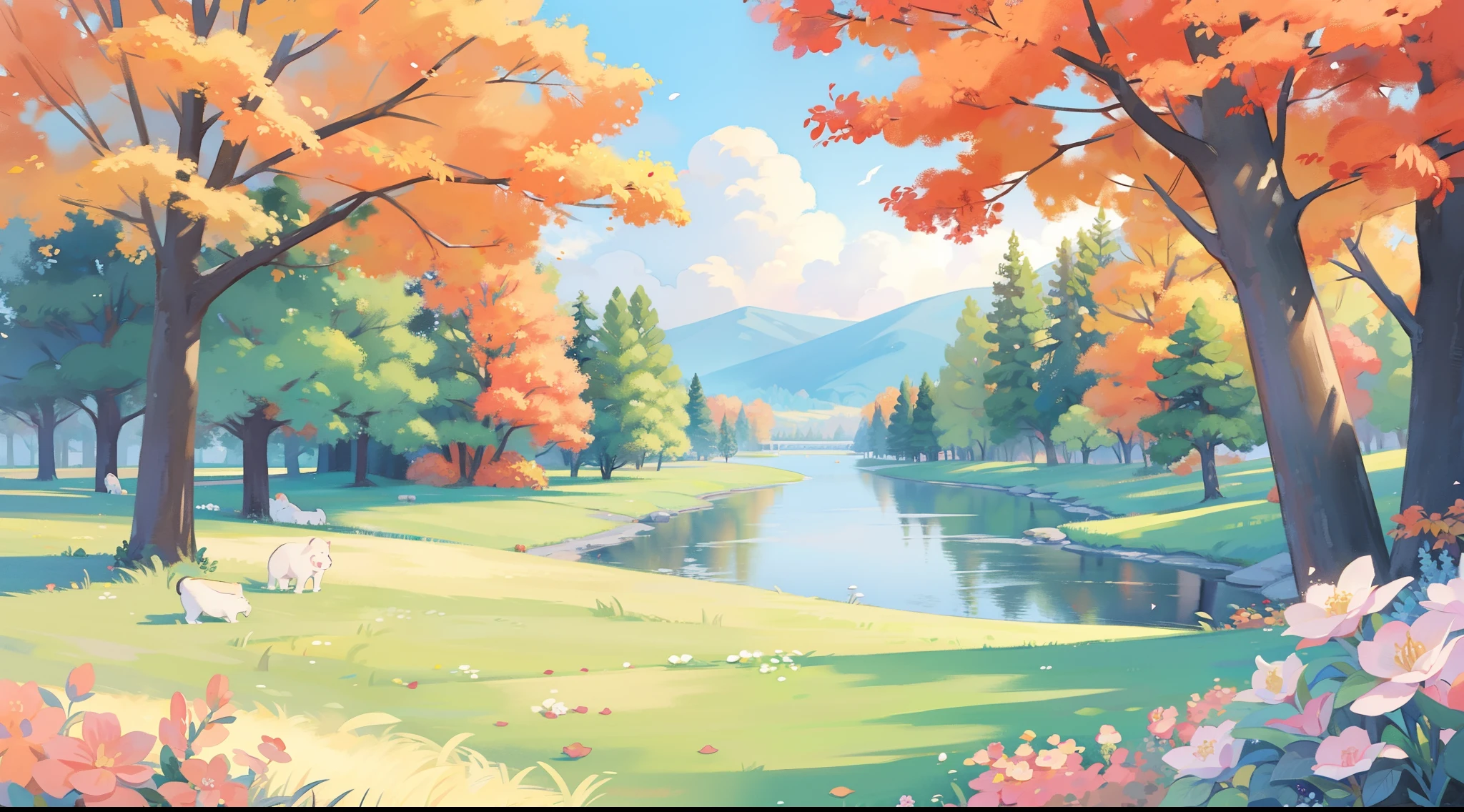 watercolor, children's storybook illustration, clouds, colorful, pastel colors, bright, ((masterpiece)), ((best quality)), 8k, intricate detail, high resolution, highly detailed environment, perfect architecture, sharp focus, highly detailed, fine detail, masterpiece, best quality, tiny details, watercolor storybook illustration, ((autumn)), forest landscape, fall color scheme, autumn warm colors, landscape, river, trees, magical woodland creatures